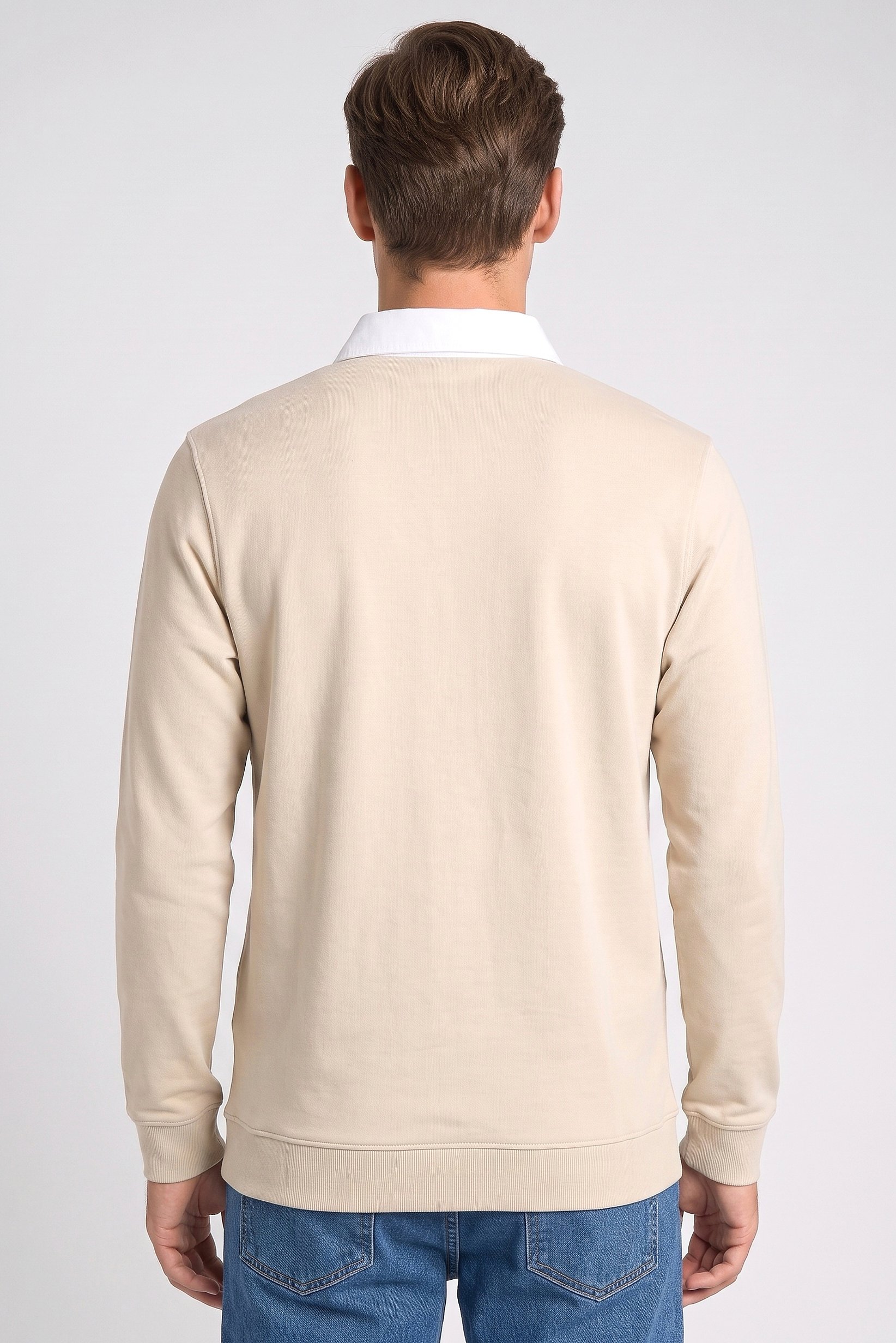Men Regular Fit Long Sleeve Plain Polo Shirt, Light Beige