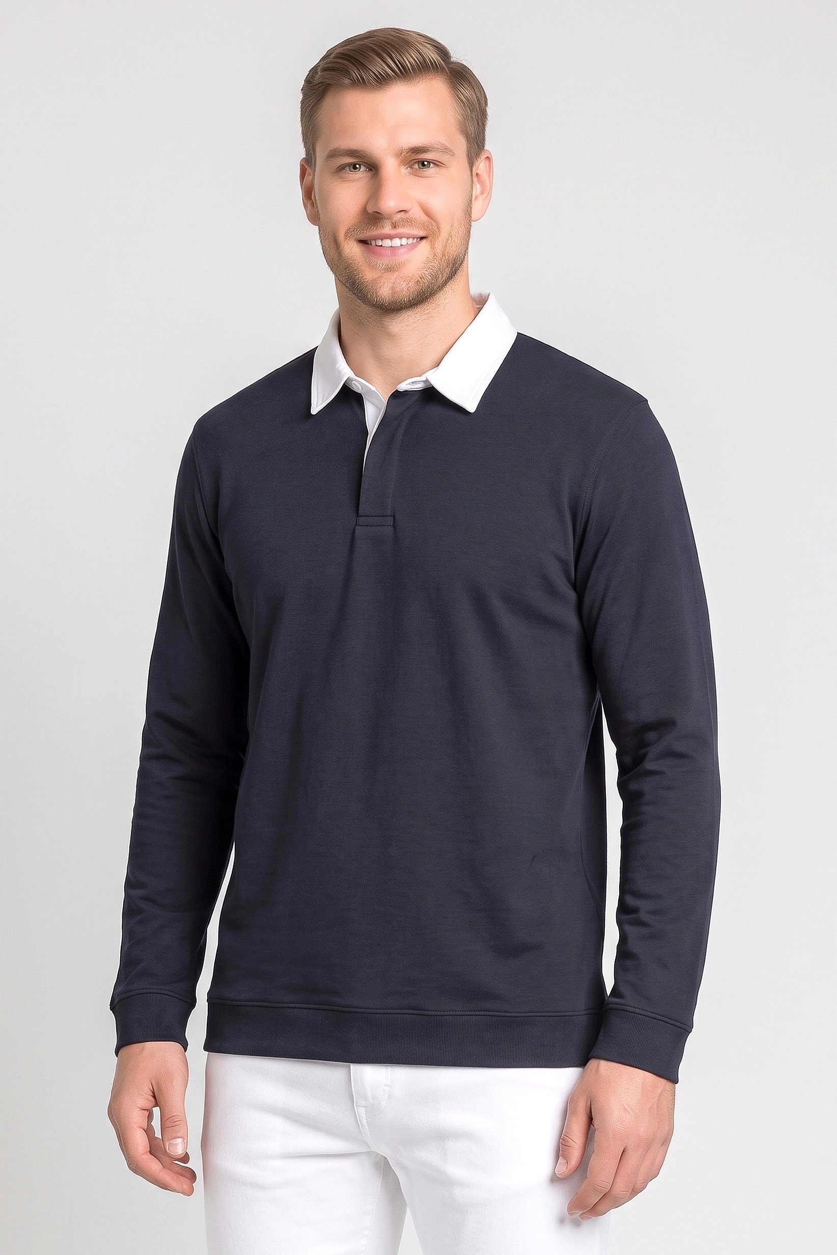 Men Regular Fit Long Sleeve Plain Polo Shirt, Dark Navy