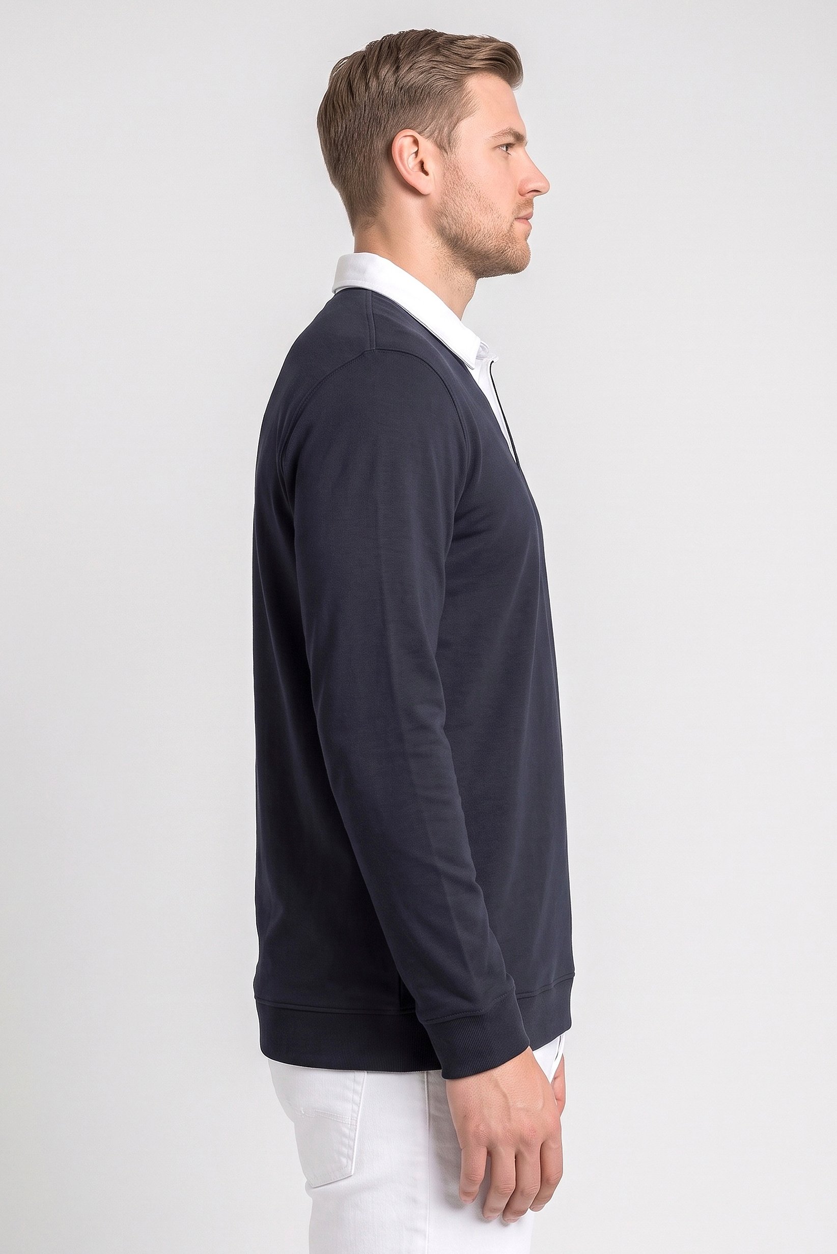 Men Regular Fit Long Sleeve Plain Polo Shirt, Dark Navy