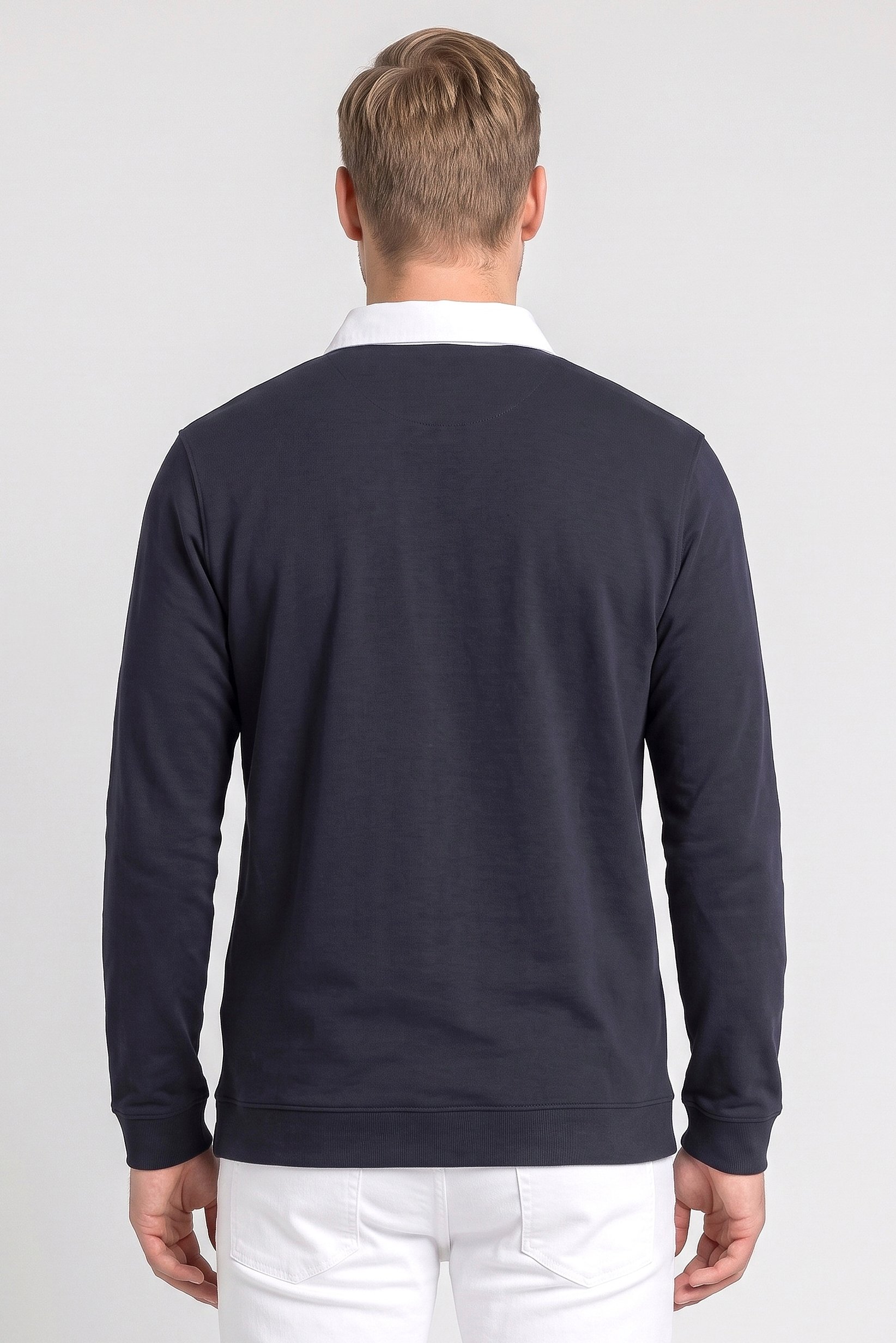 Men Regular Fit Long Sleeve Plain Polo Shirt, Dark Navy