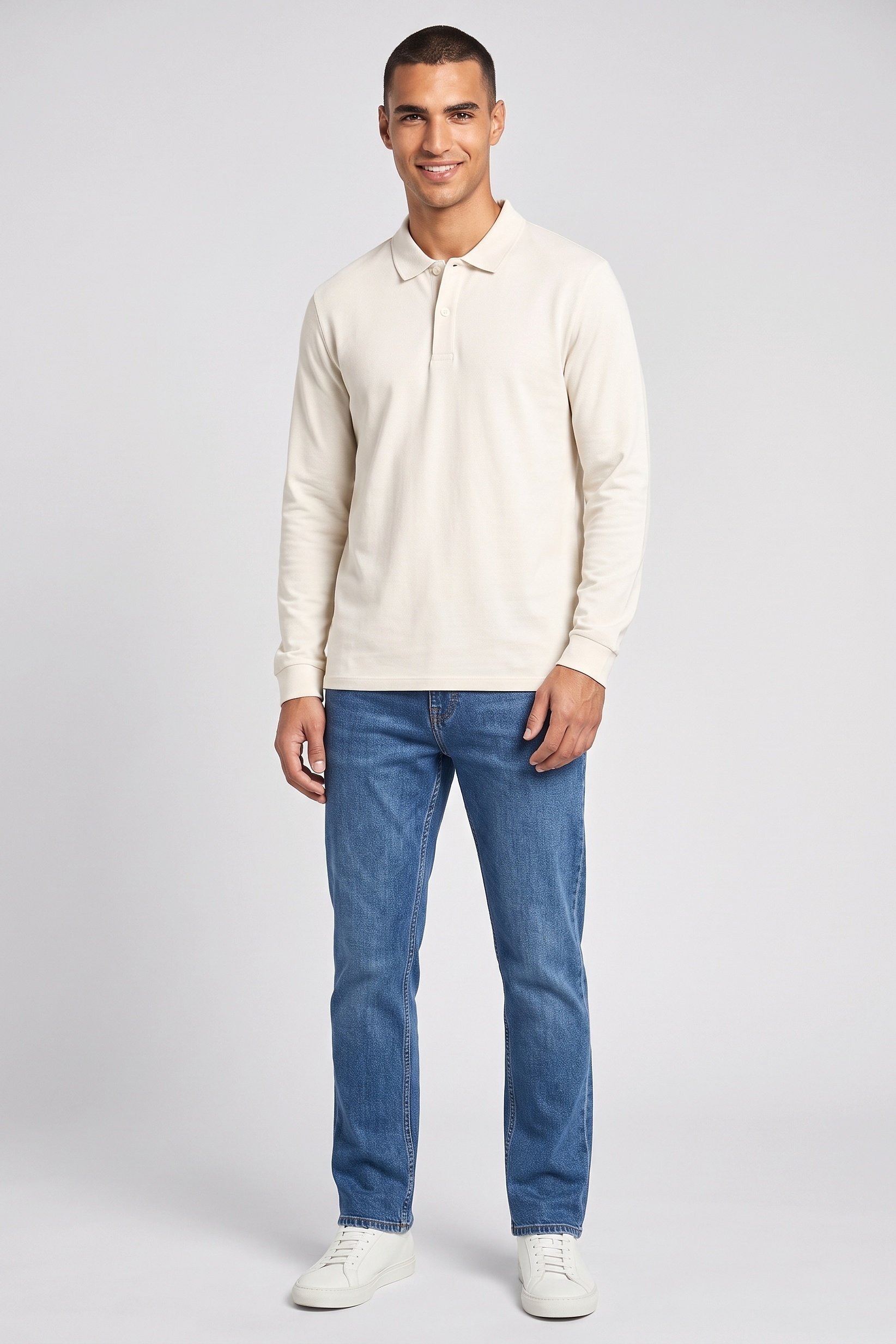 Men Spread Collar Long Sleeve Polo Shirt, Off White