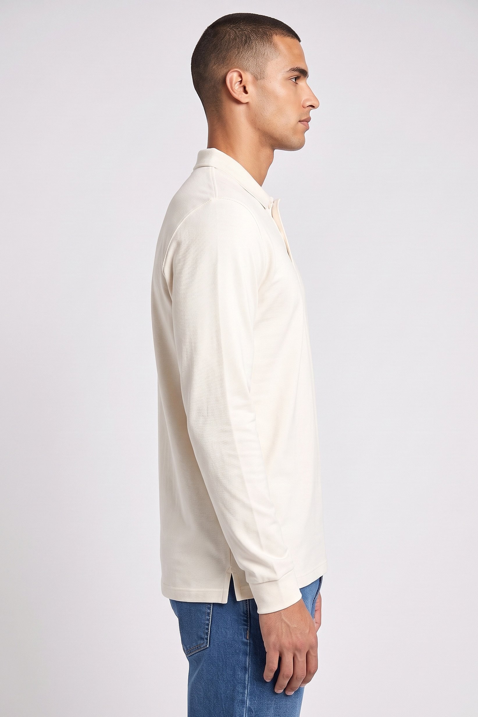 Men Spread Collar Long Sleeve Polo Shirt, Off White
