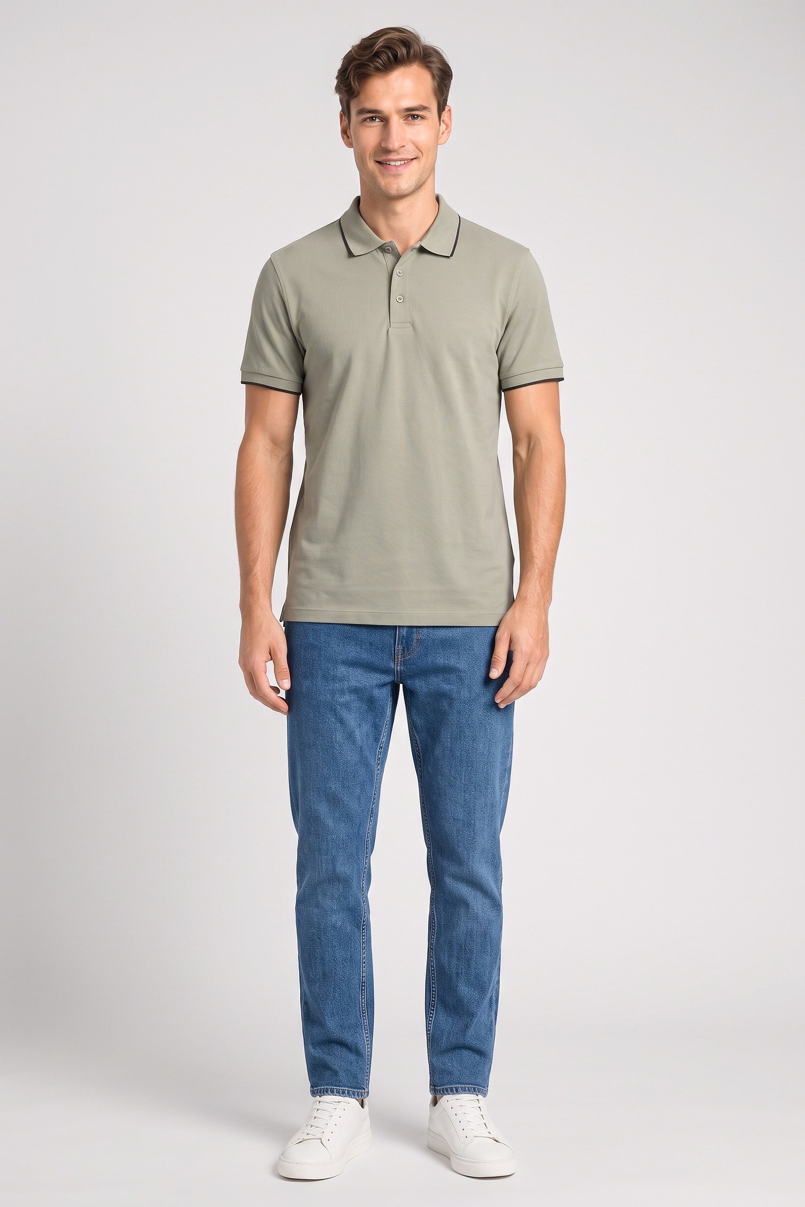 Men Regular Fit Solid Short Sleeve Polo Shirt, Light Olive