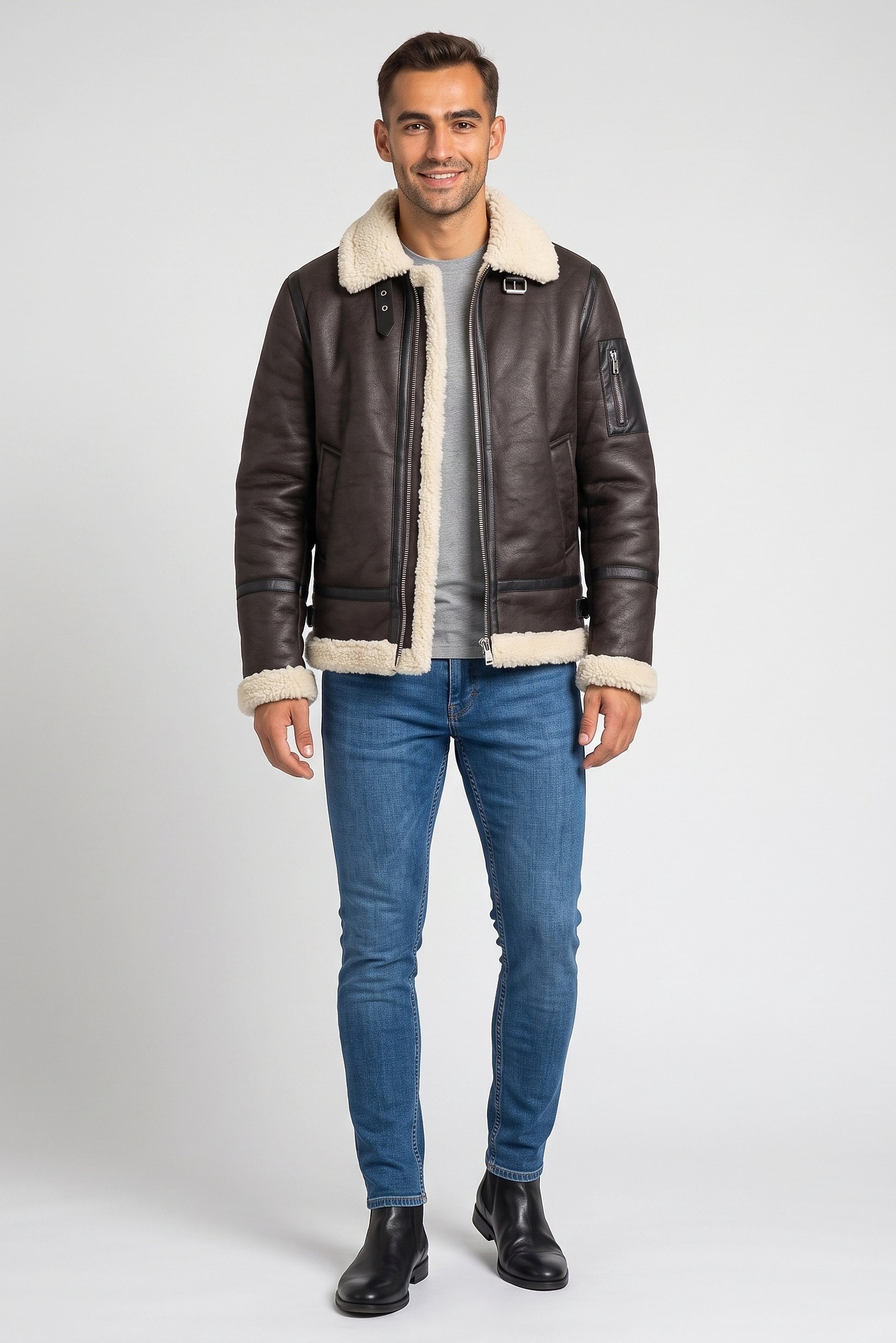 Men Plain Motorcycle Jacket, Dark Brown