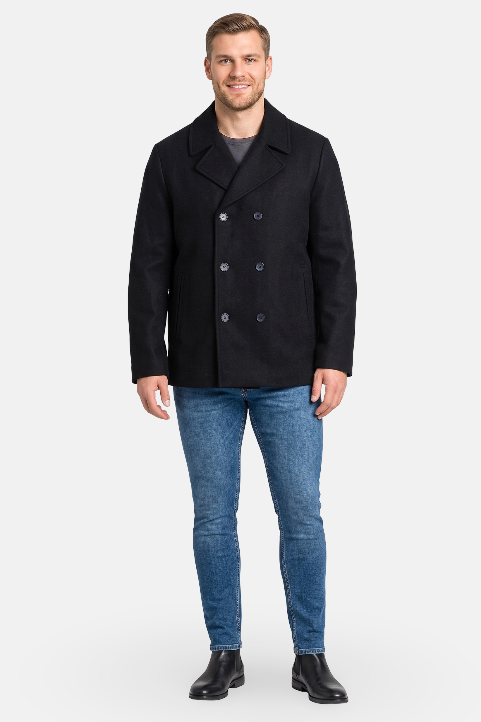 Men Plain Trench Coat, Navy Blue