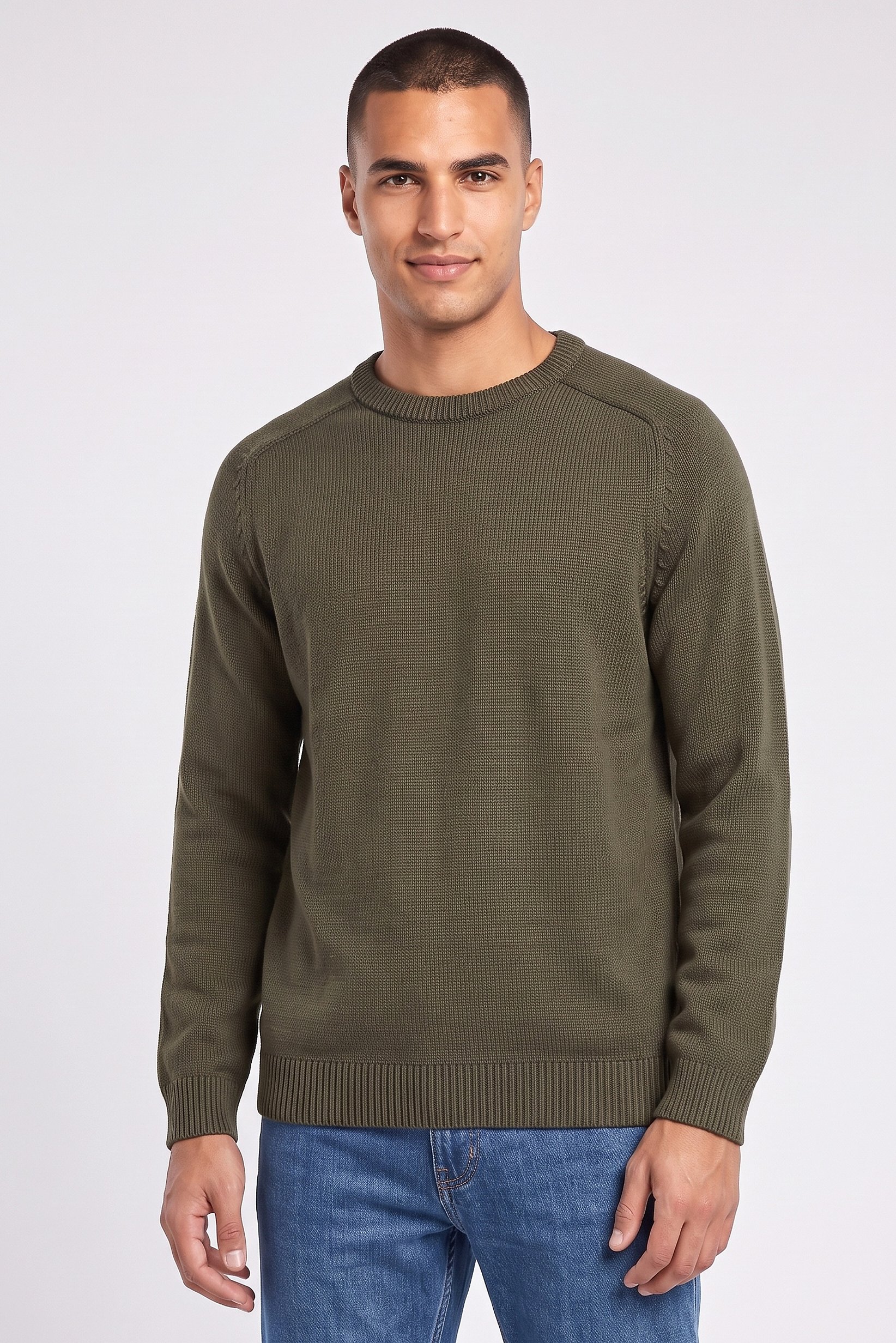 Men Crew Neck Textured Sweater, Olive