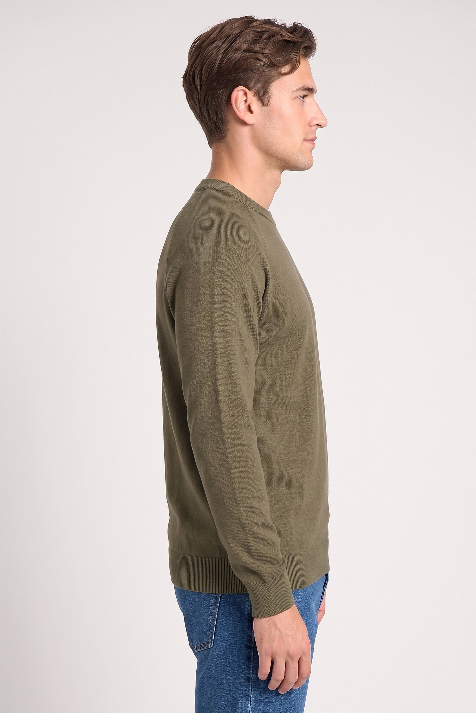 Men Crew Neck Knitted Sweater, Dark Olive