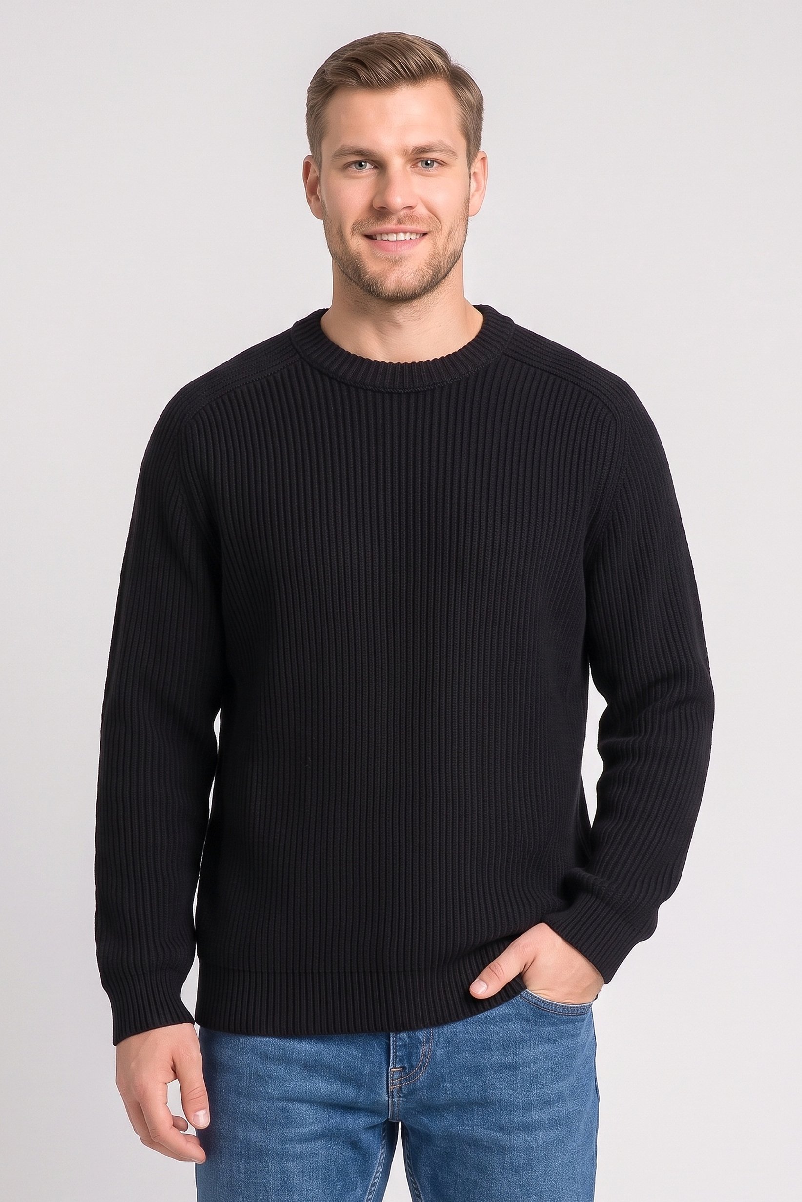 Men Crew Neck Ribbed Sweater, Black