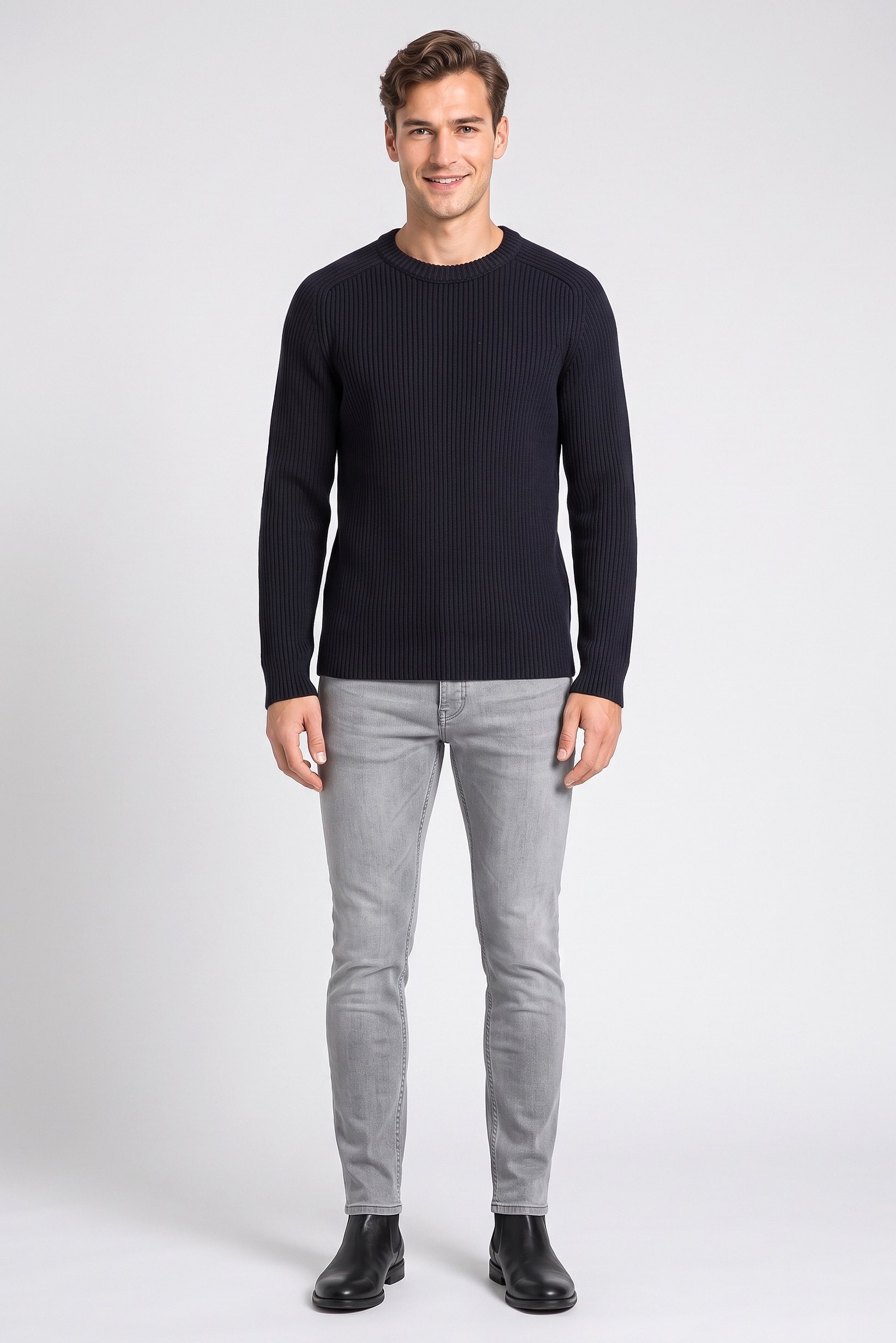 Men Crew Neck Knitted Sweater, Black
