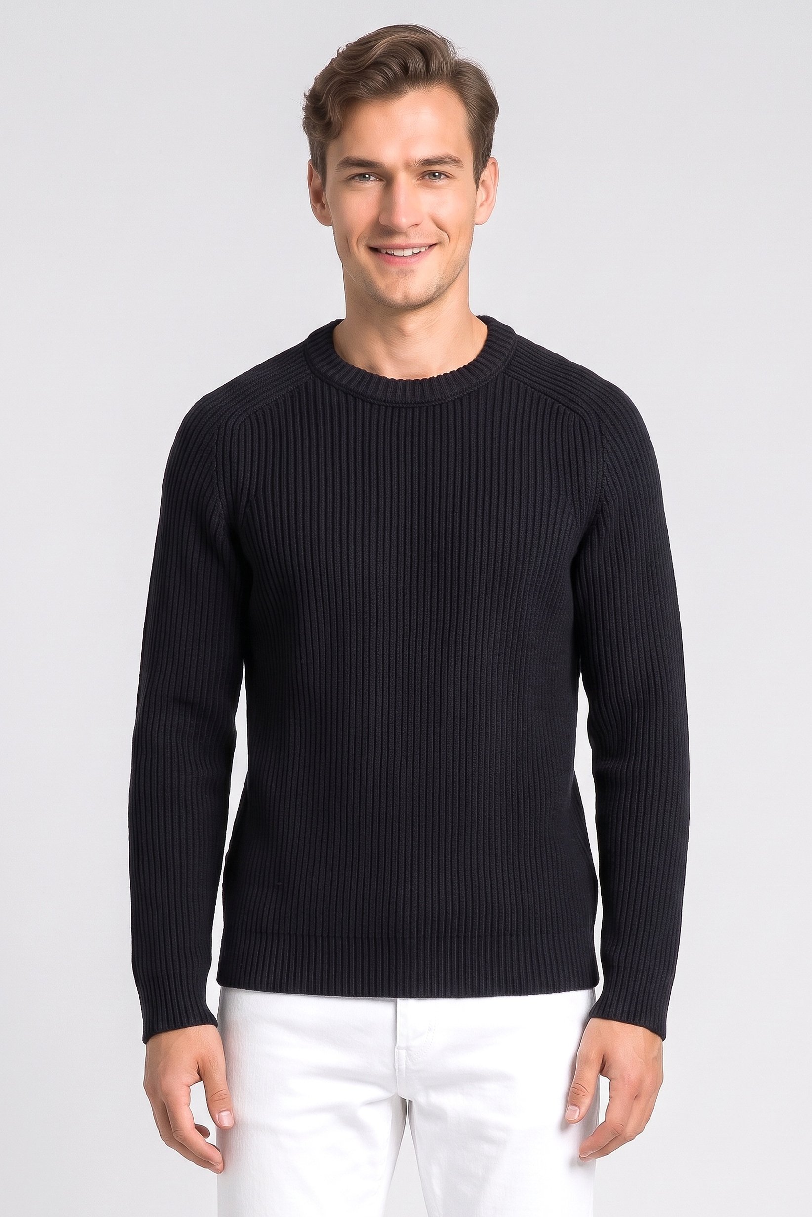Men Crew Neck Knitted Sweater, Black