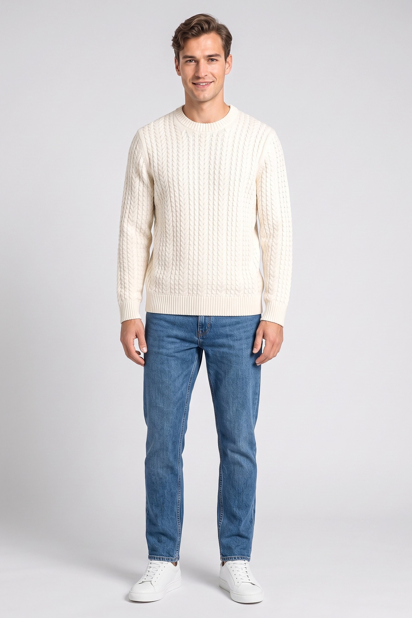 Men Crew Neck Knitted Sweater, Light Beige