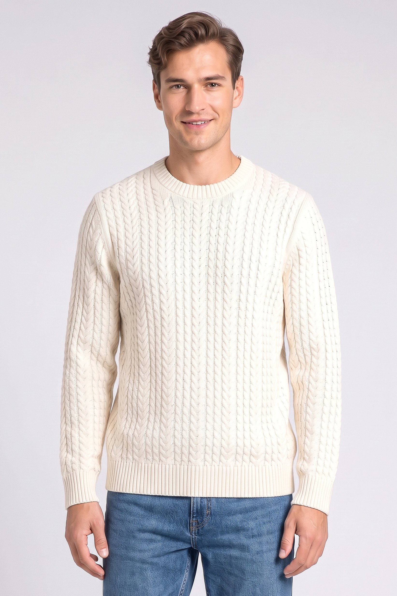 Men Crew Neck Knitted Sweater, Light Beige