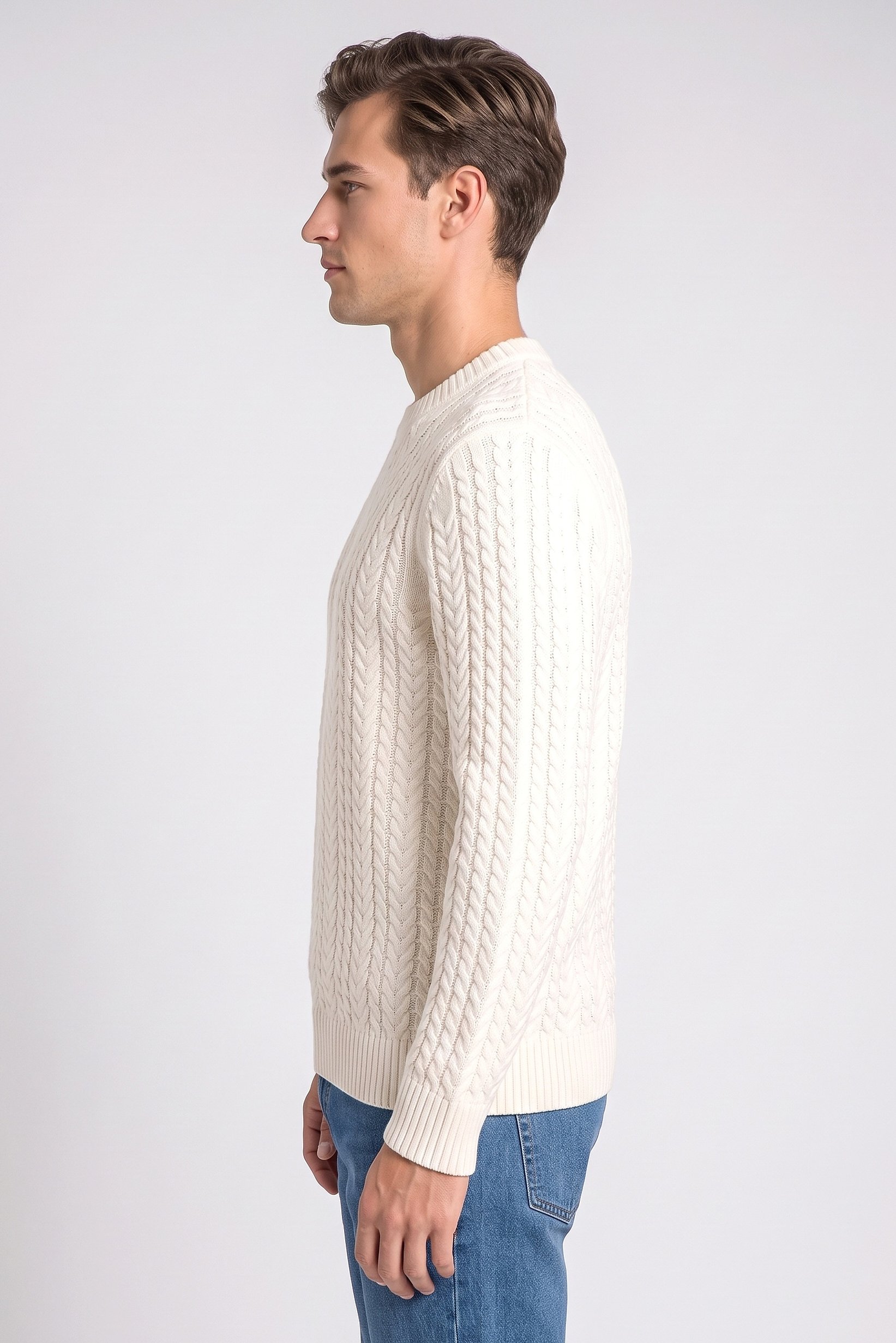 Men Crew Neck Knitted Sweater, Light Beige