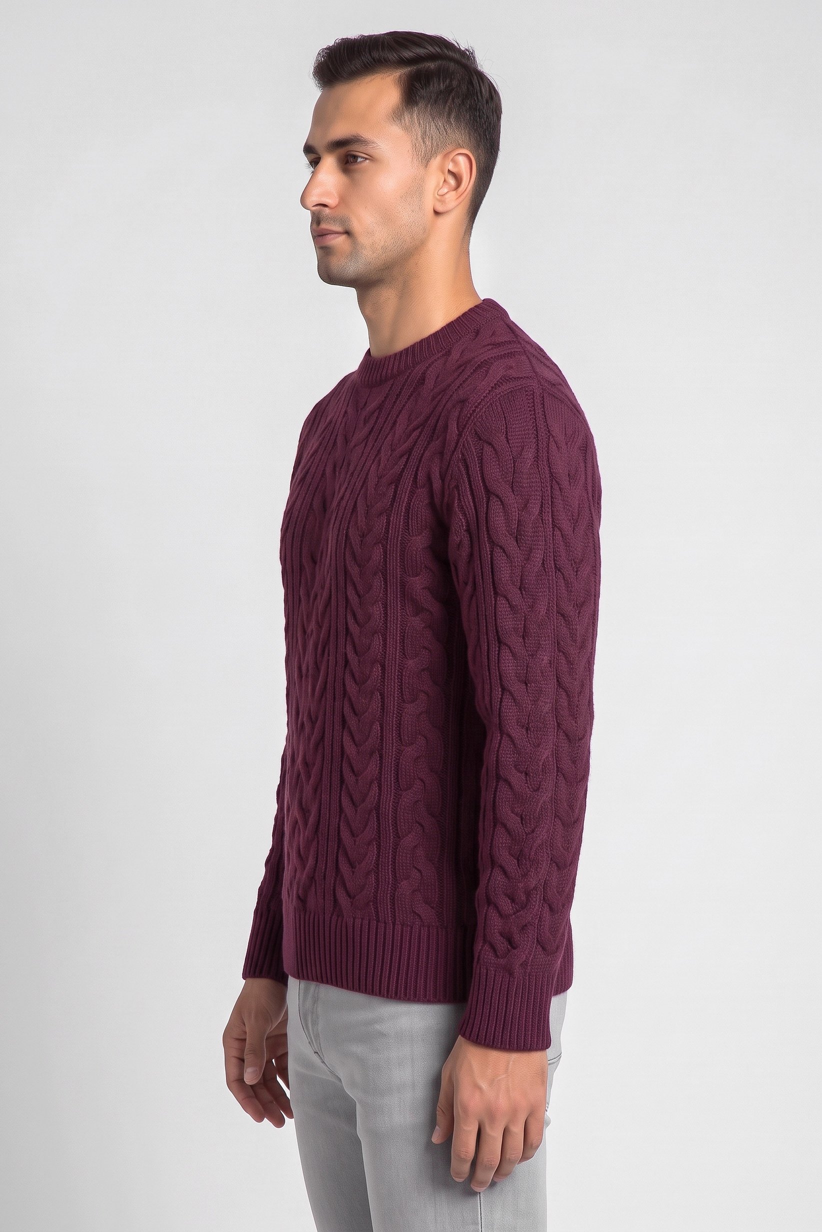 Men Crew Neck Cable Knit Sweater, Burgundy