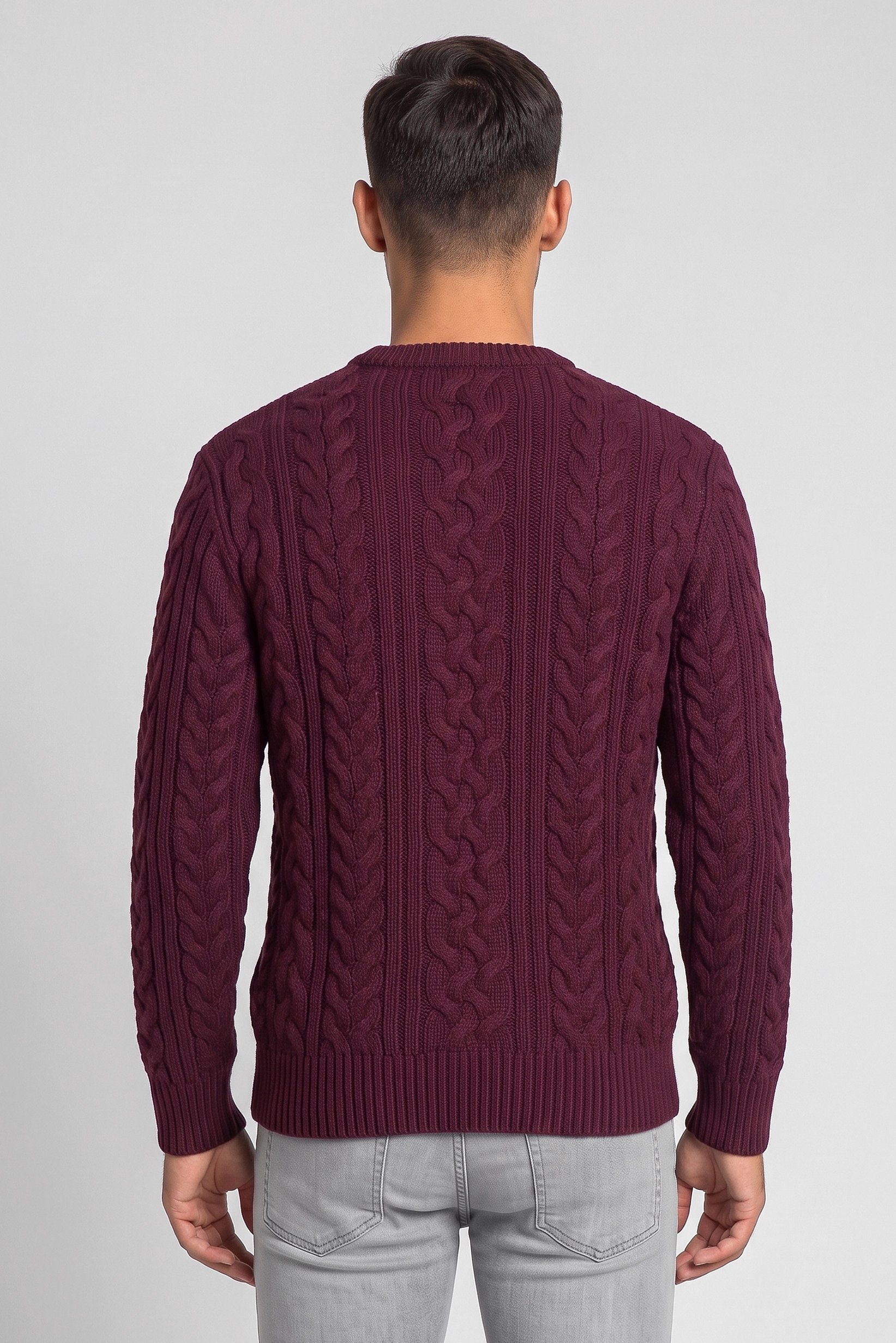 Men Crew Neck Cable Knit Sweater, Burgundy