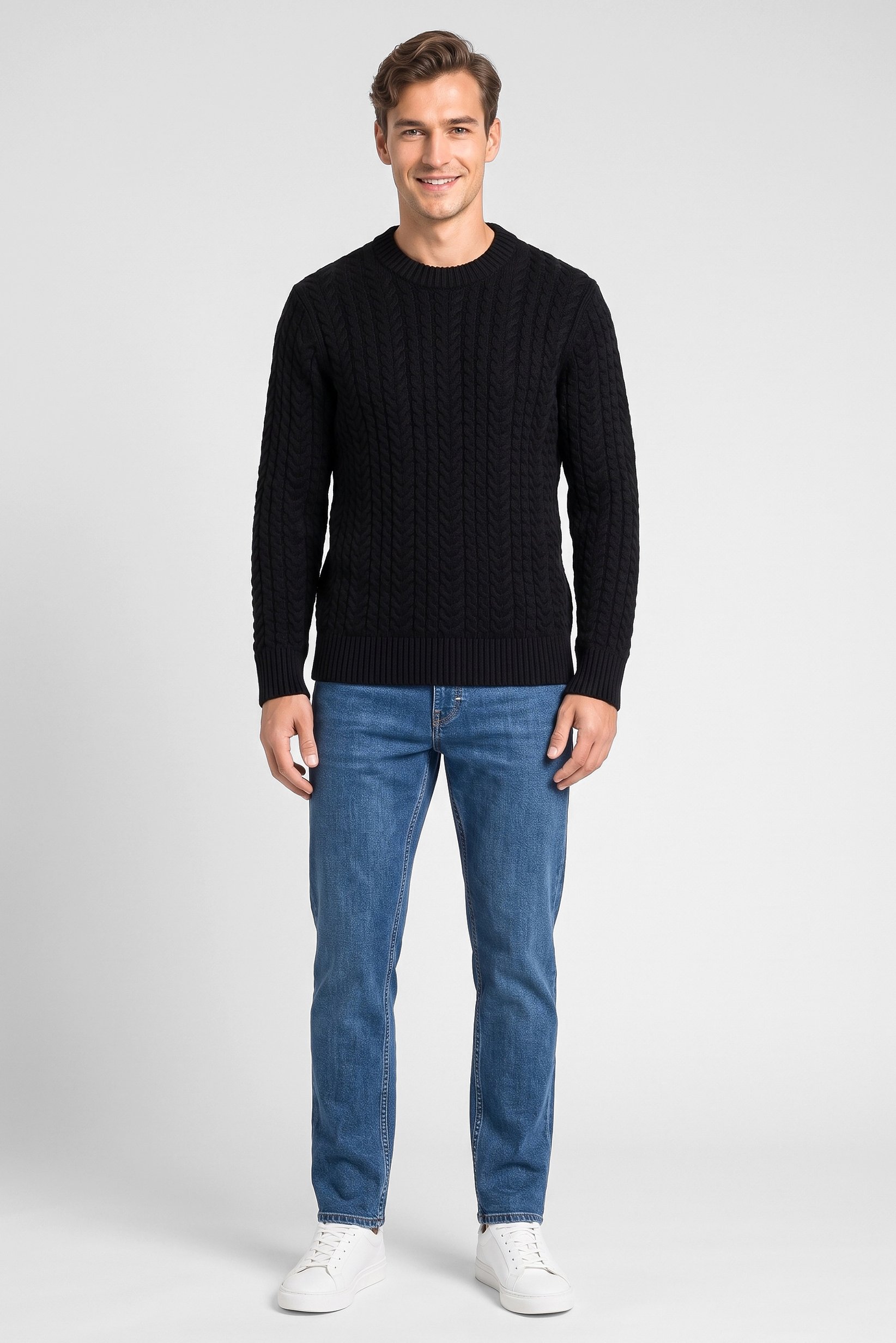 Men Crew Neck Cable Knit Sweater, Black