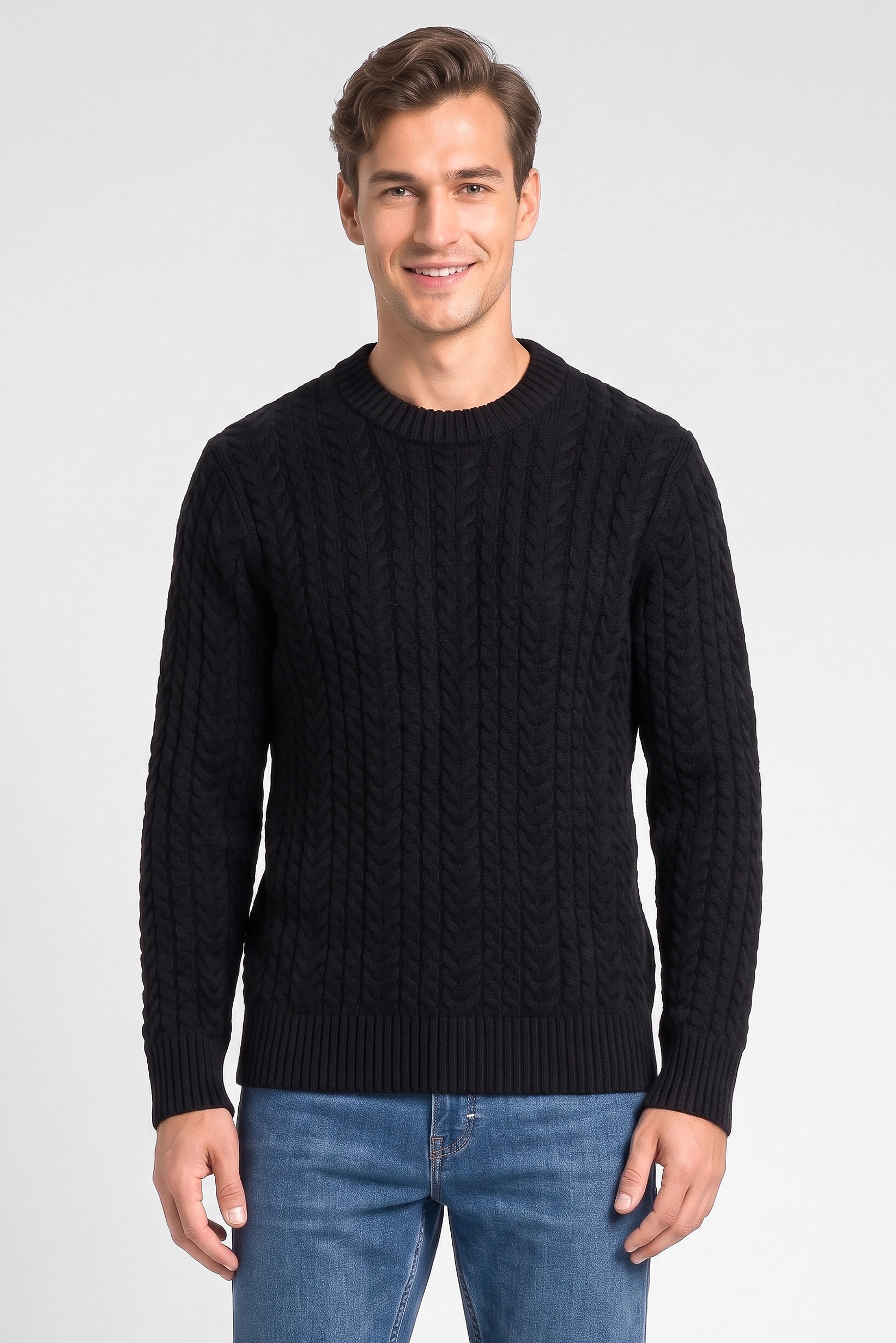 Men Crew Neck Cable Knit Sweater, Black