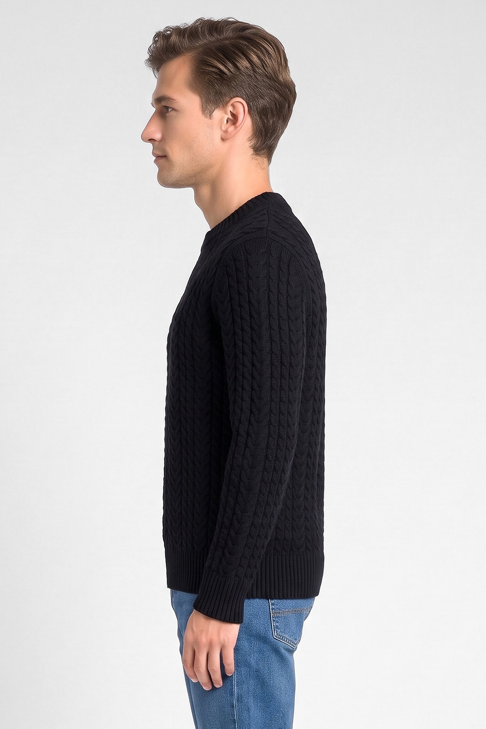 Men Crew Neck Cable Knit Sweater, Black