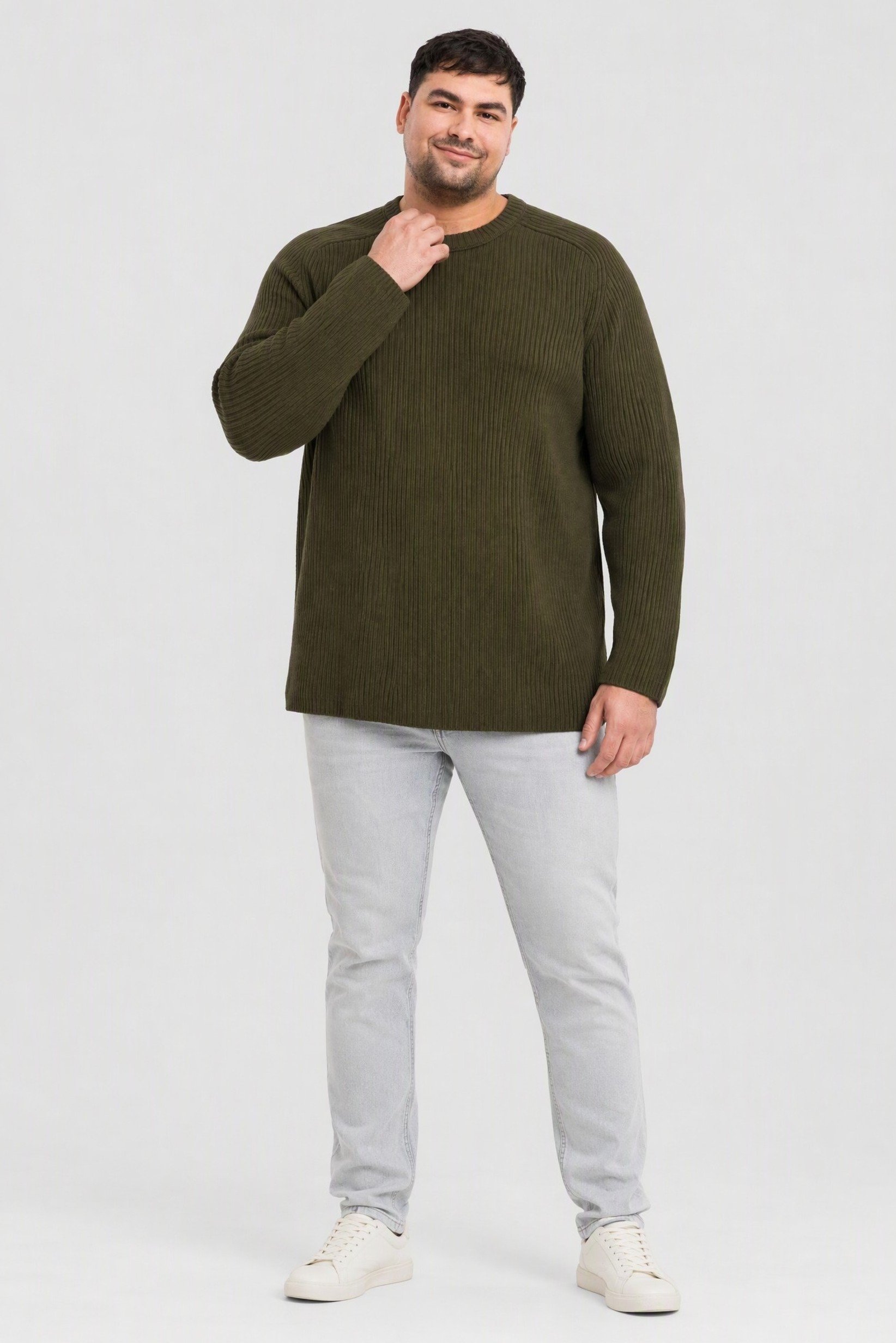 Men Crew Neck Long Sleeve Knitted Sweater, Olive