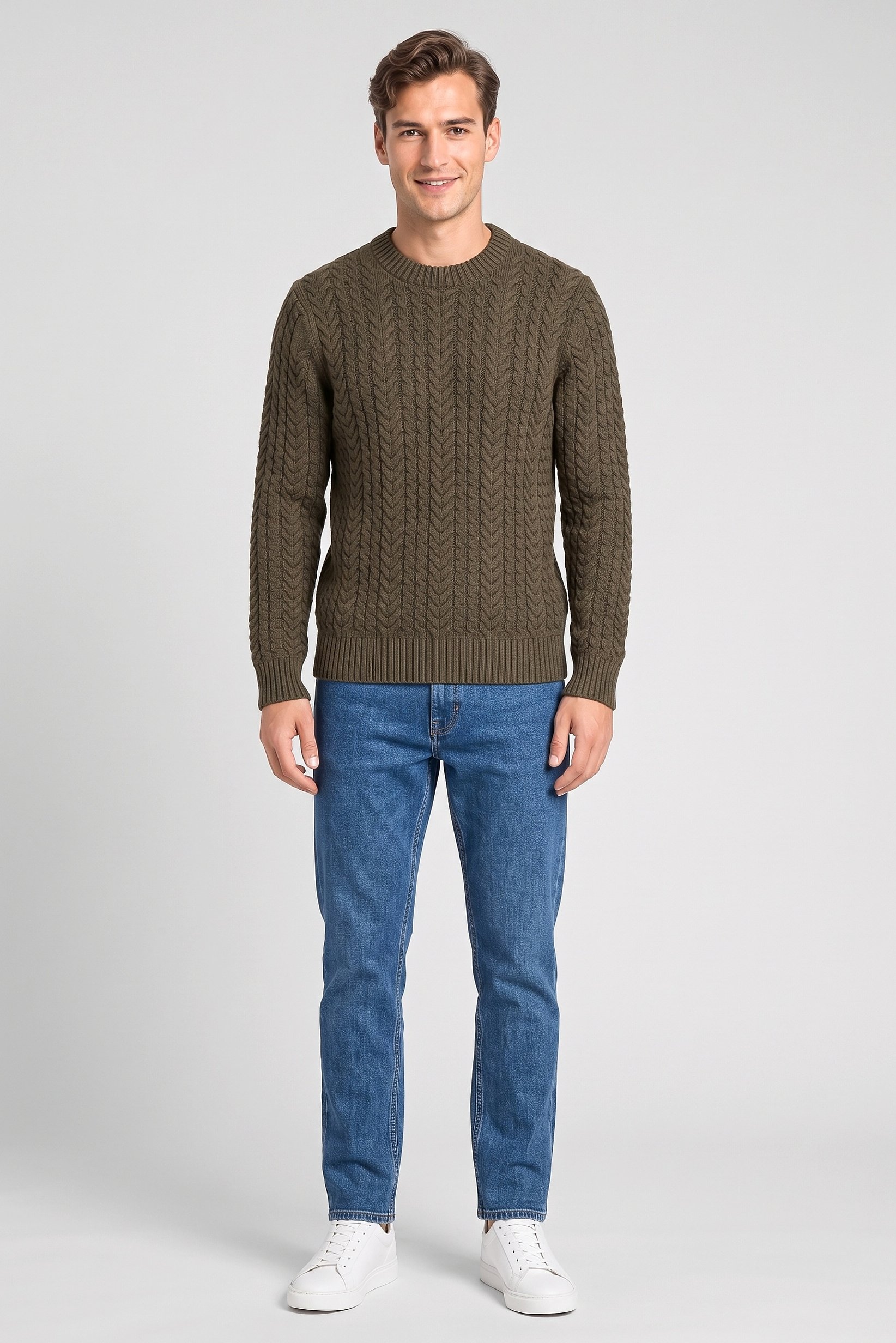 Men Crew Neck Cable Knit Sweater, Dark Olive