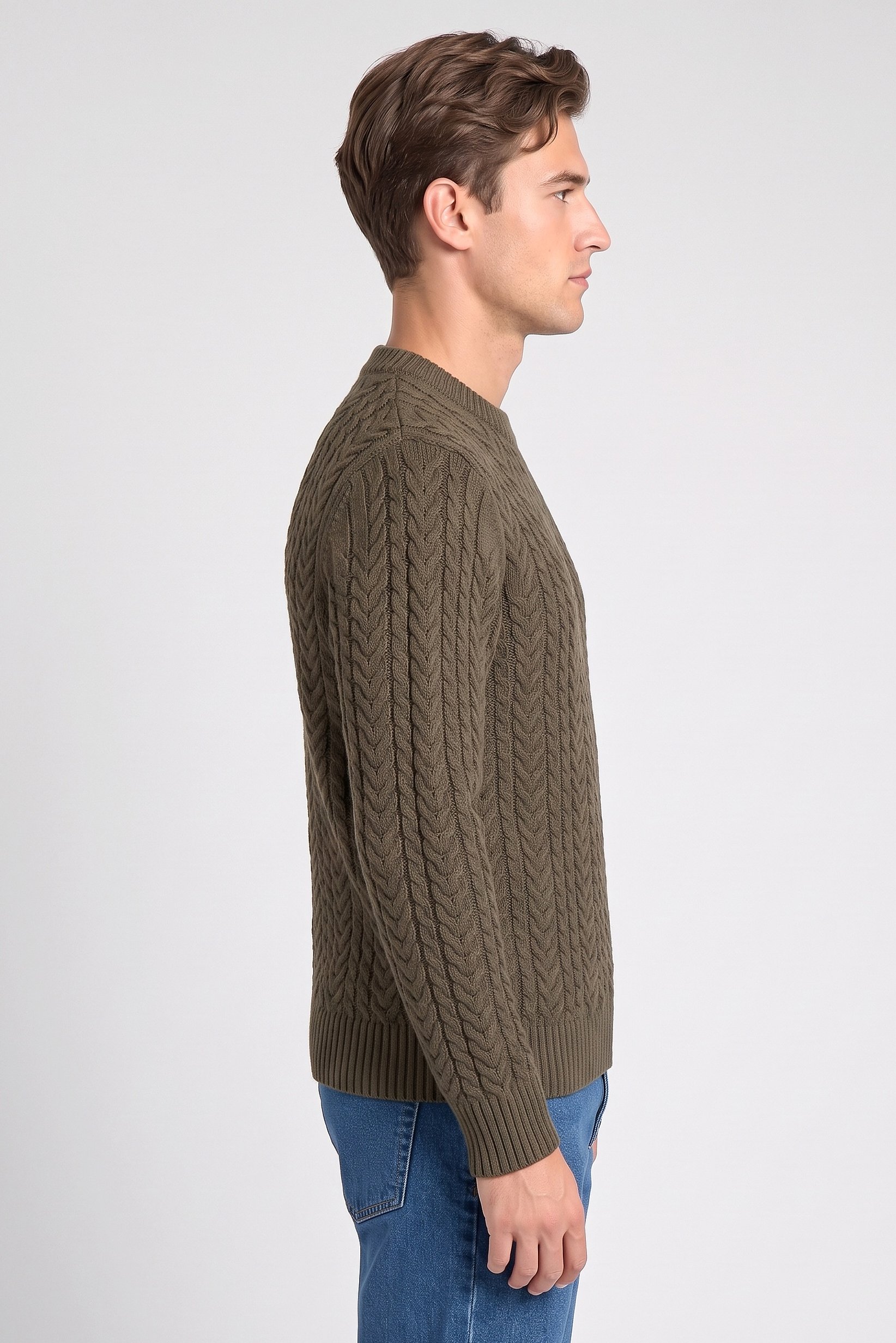Men Crew Neck Cable Knit Sweater, Dark Olive