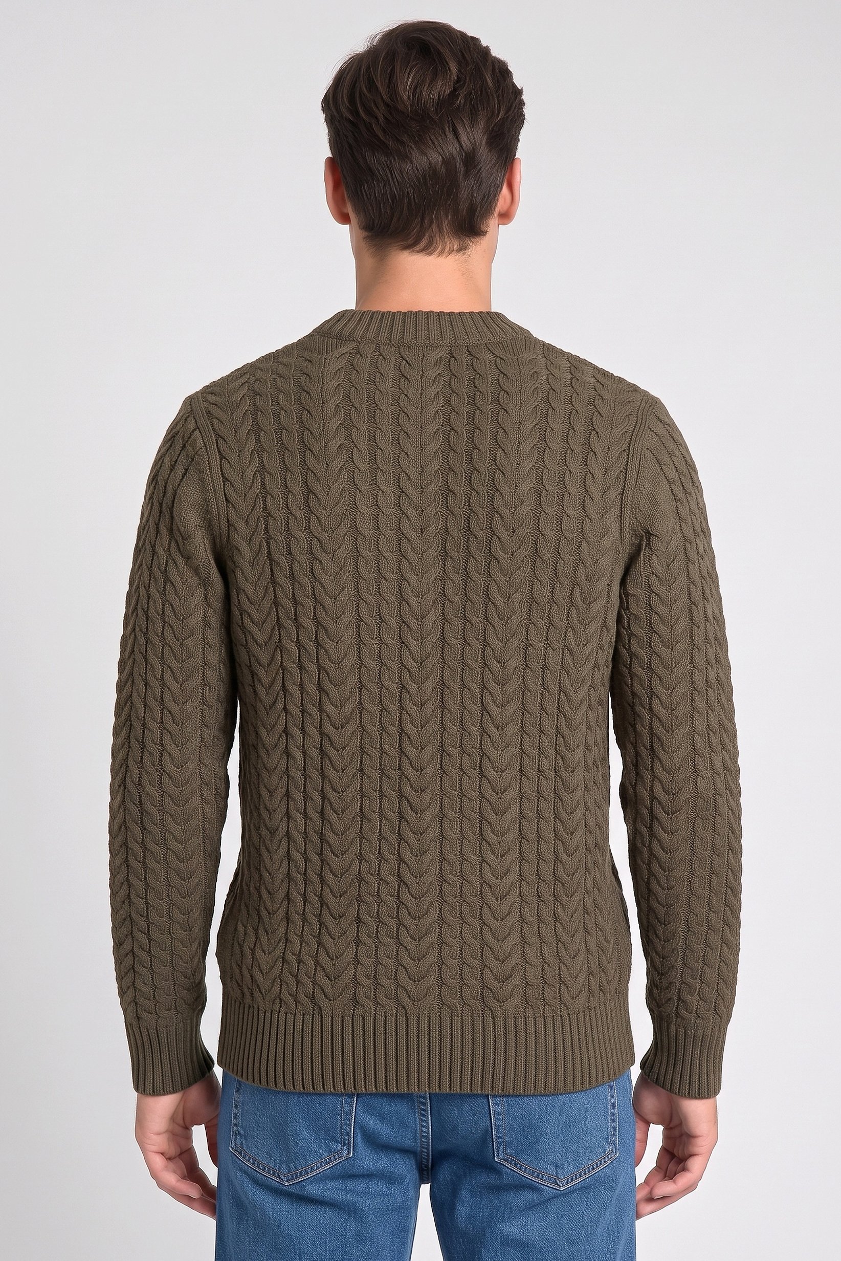 Men Crew Neck Cable Knit Sweater, Dark Olive