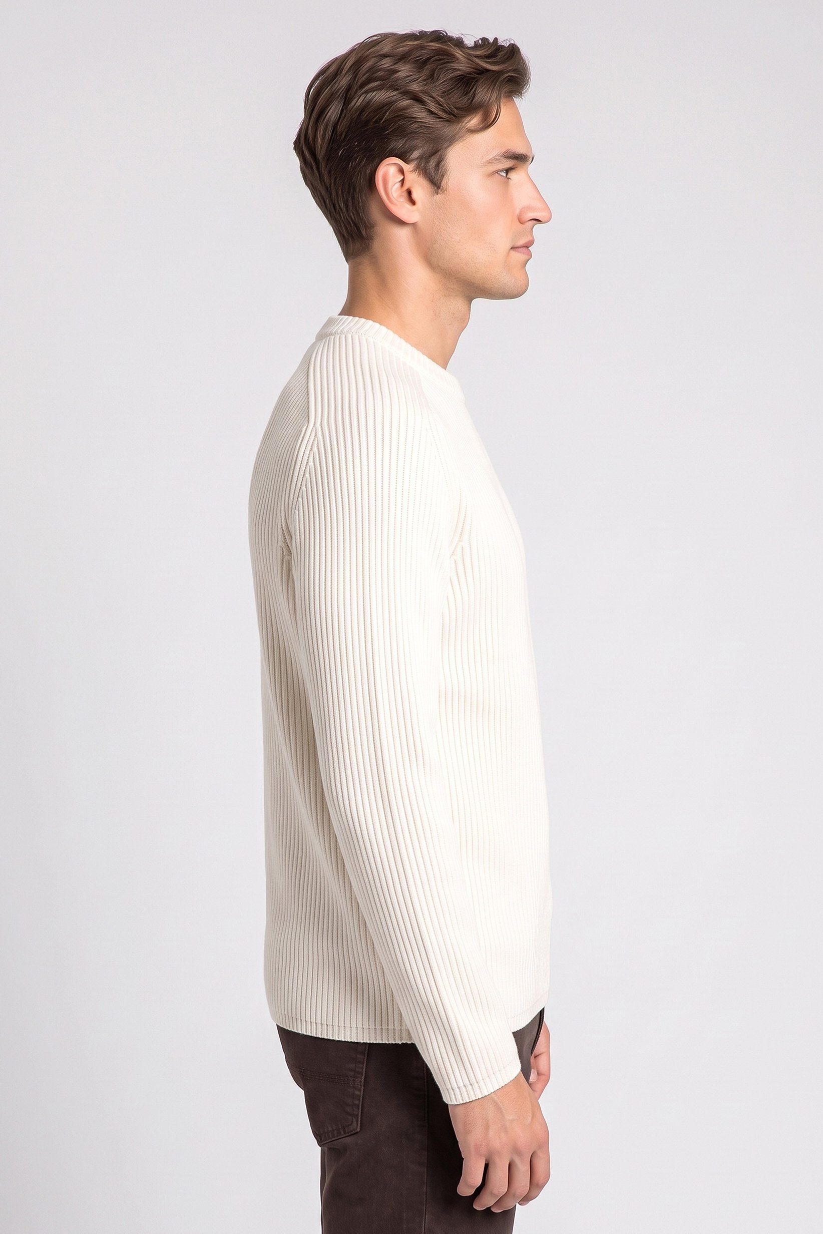Men Crew Neck Long Sleeve Knitted Sweater, Cream
