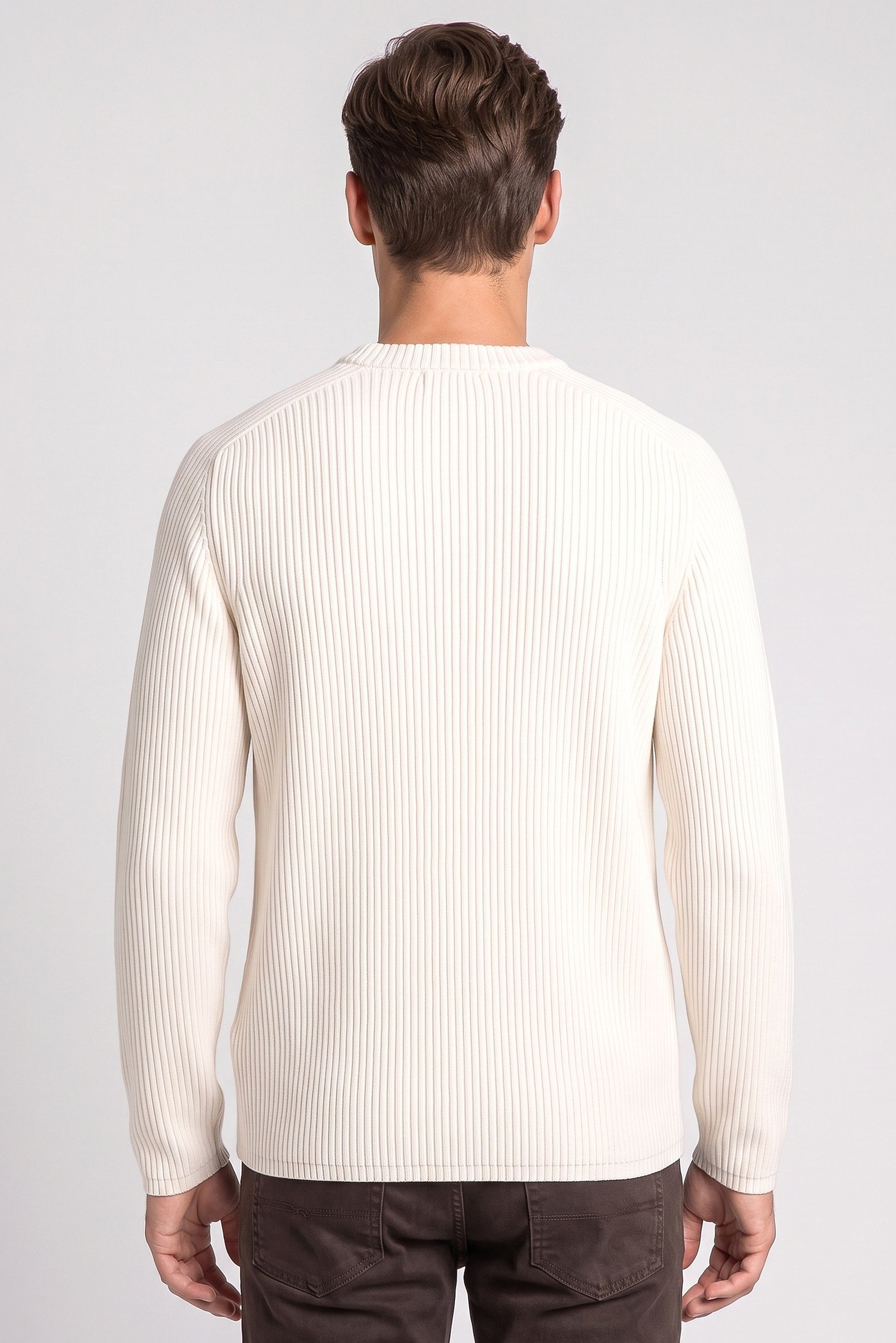 Men Crew Neck Long Sleeve Knitted Sweater, Cream