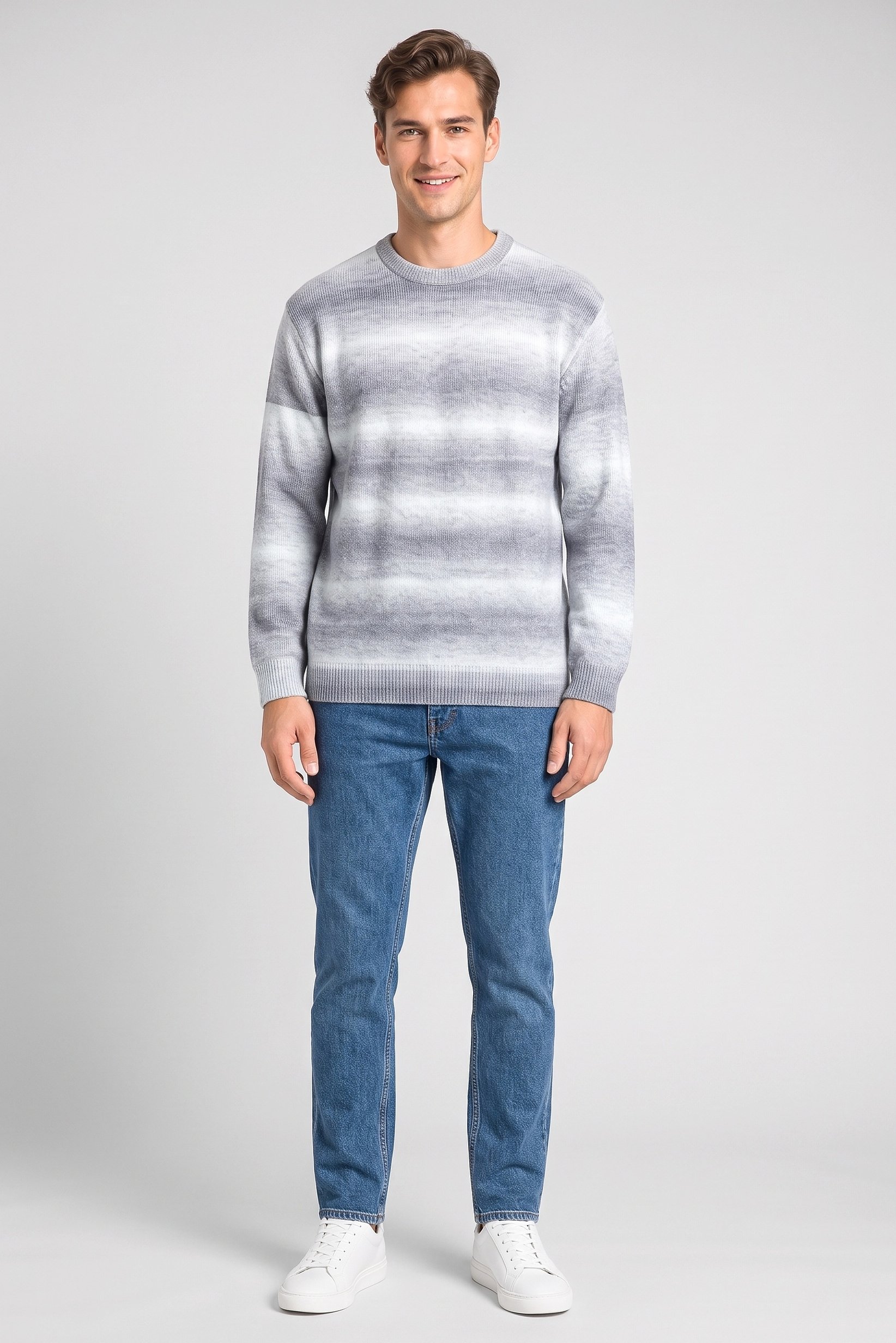 Men Crew Neck Stripe Sweater, Multicolor