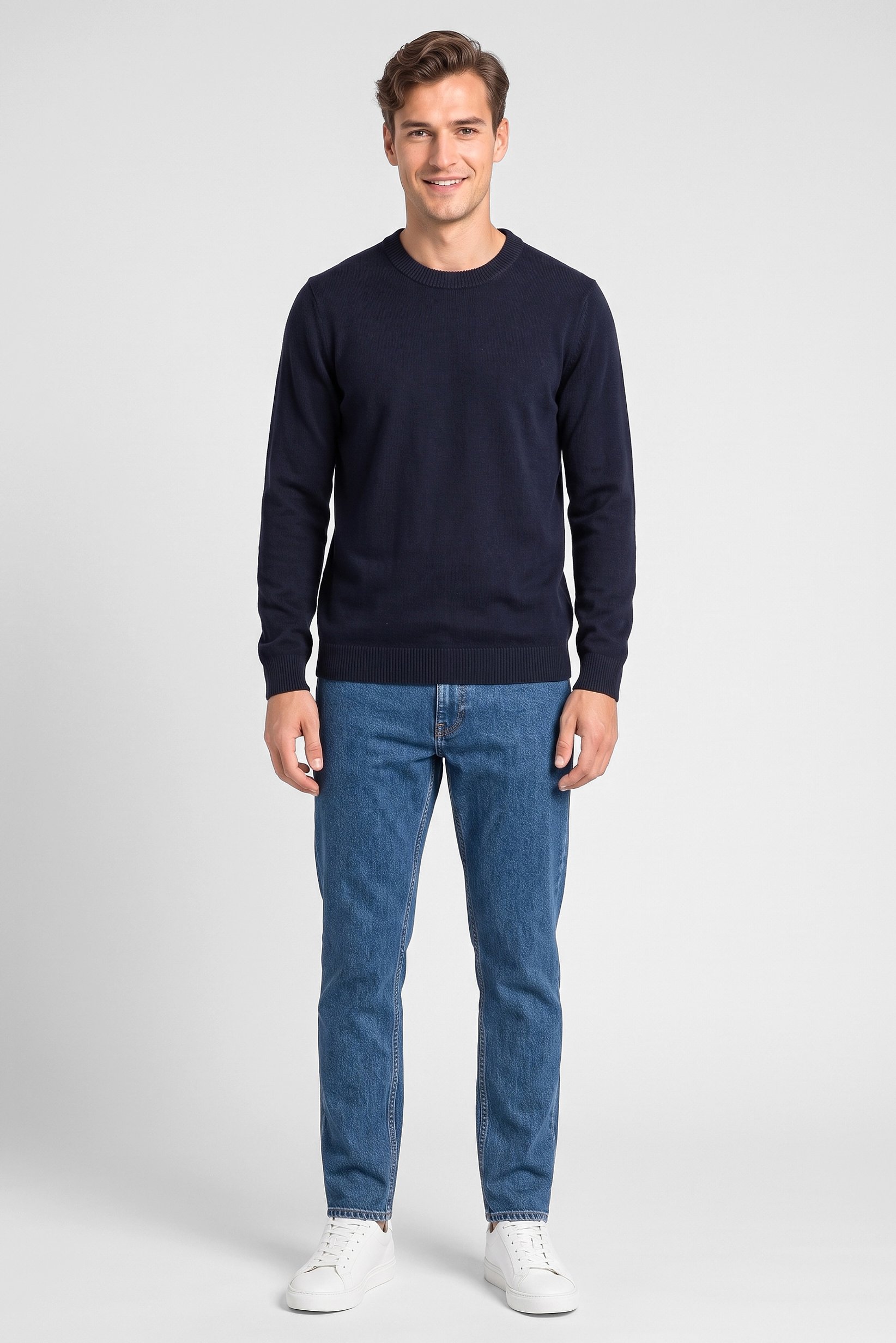 Men Crew Neck Knitted Sweater, Navy