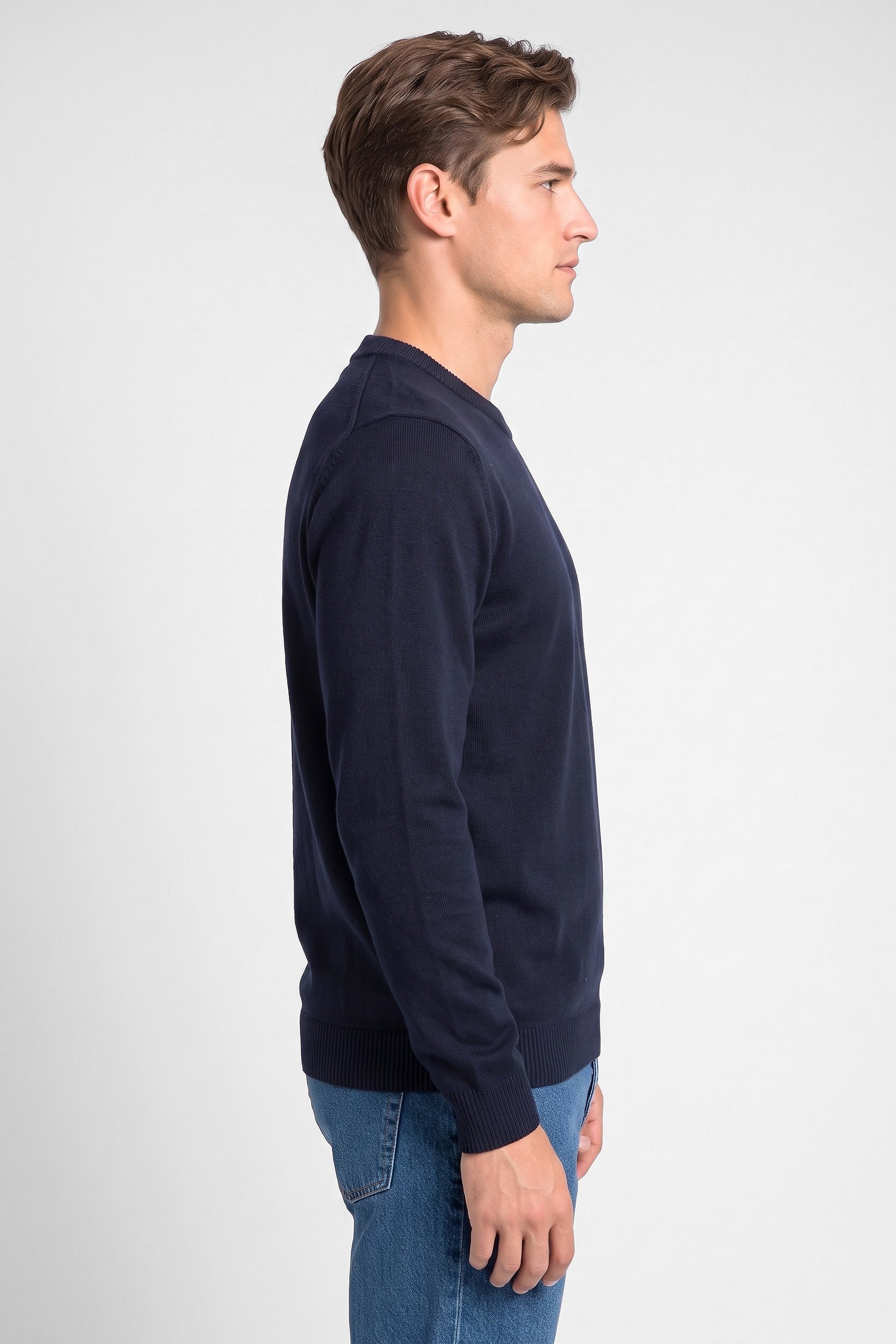 Men Crew Neck Knitted Sweater, Navy