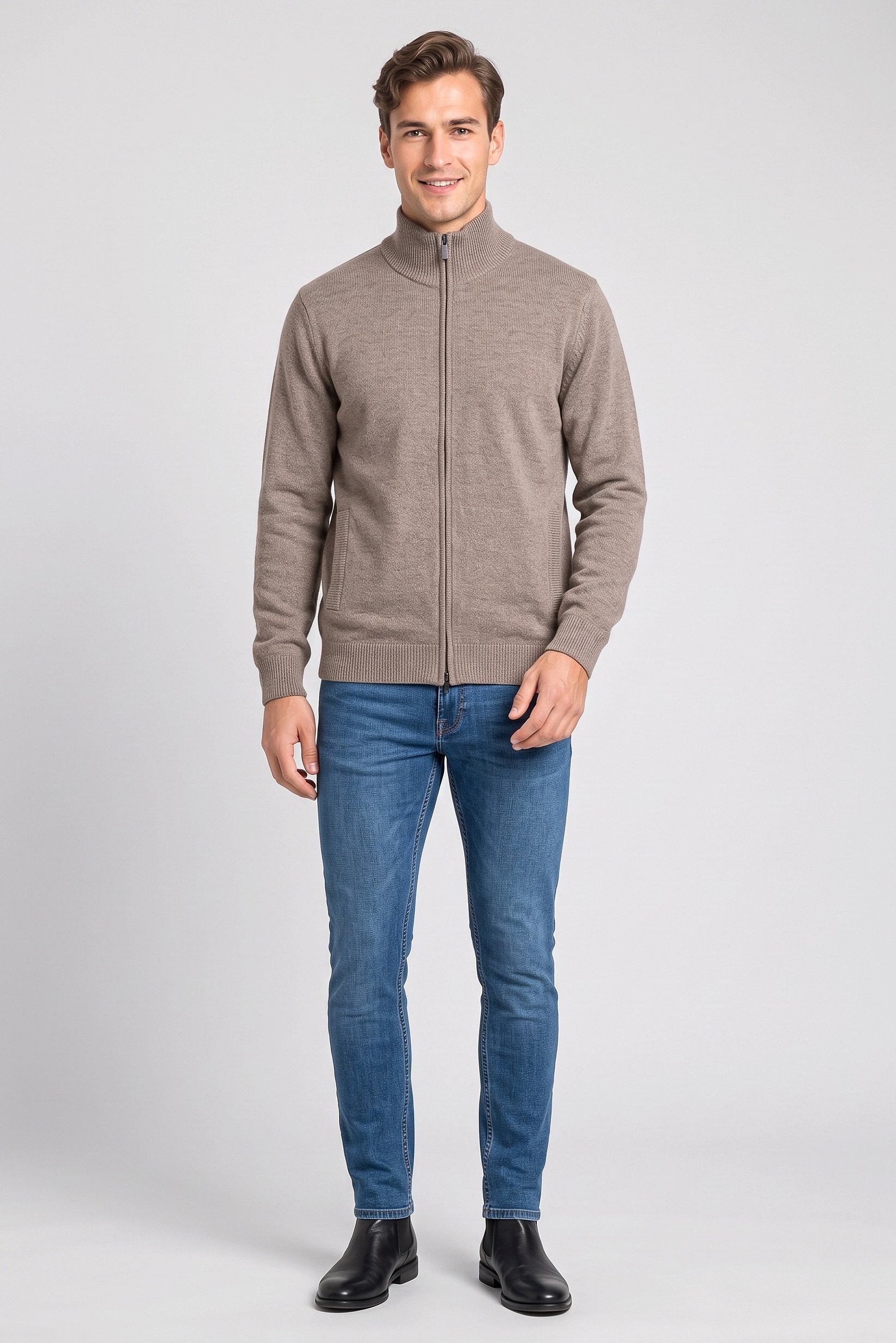 Men Crew Neck Knitted Cardigan, Beige