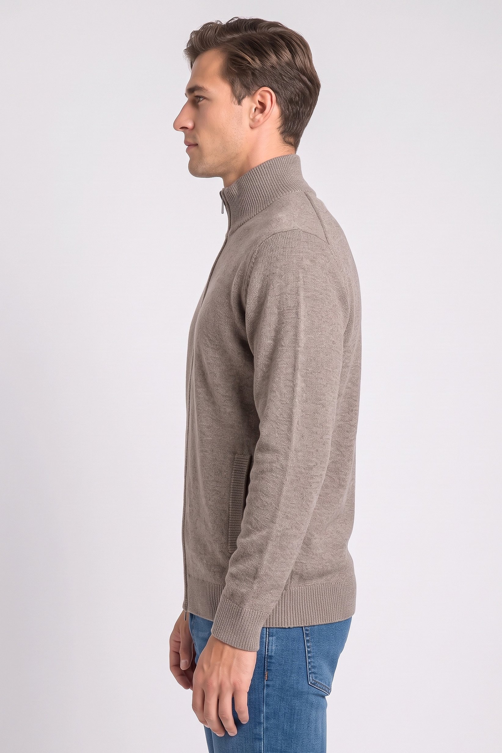 Men Crew Neck Knitted Cardigan, Beige