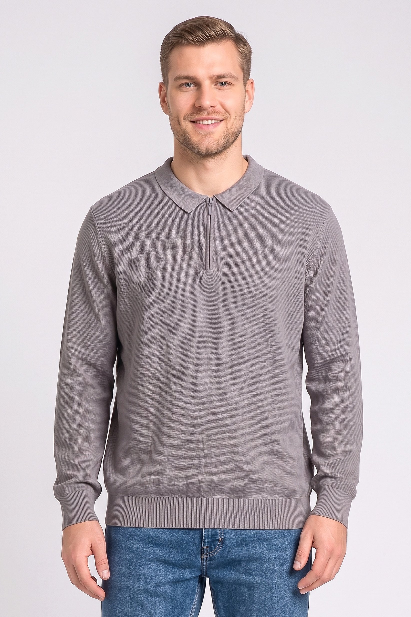 Men Spread Collar Textured Long Sleeve Sweater, Grey