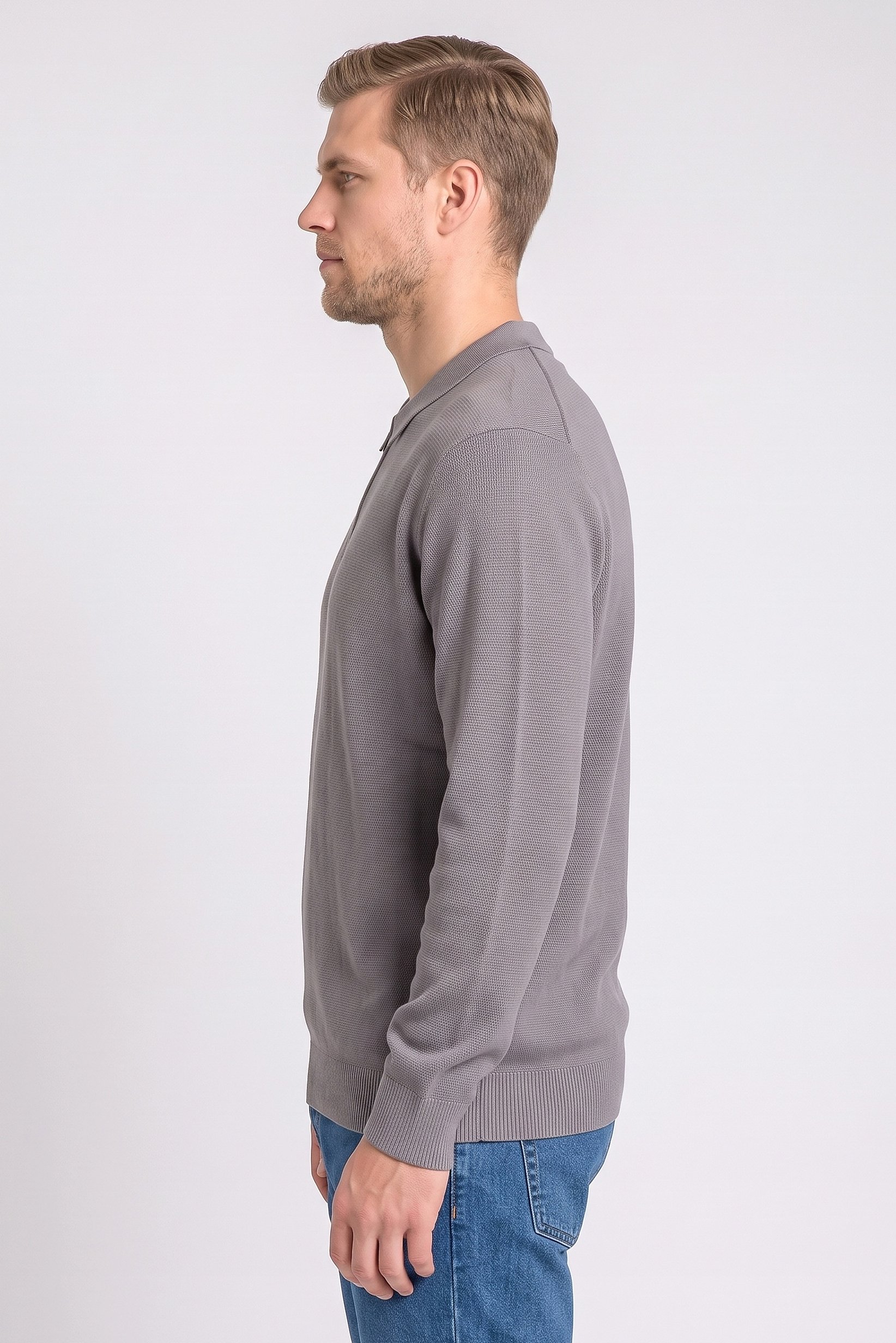 Men Spread Collar Textured Long Sleeve Sweater, Grey