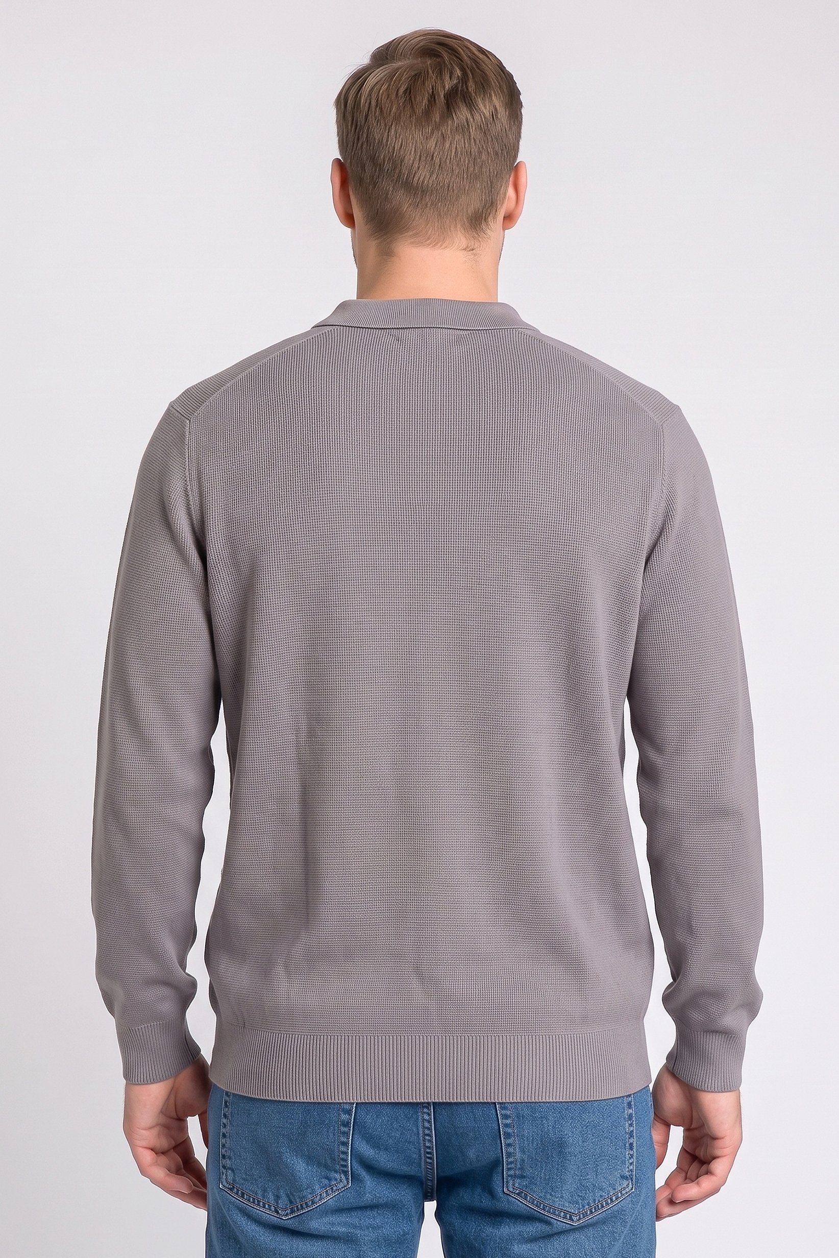 Men Spread Collar Textured Long Sleeve Sweater, Grey