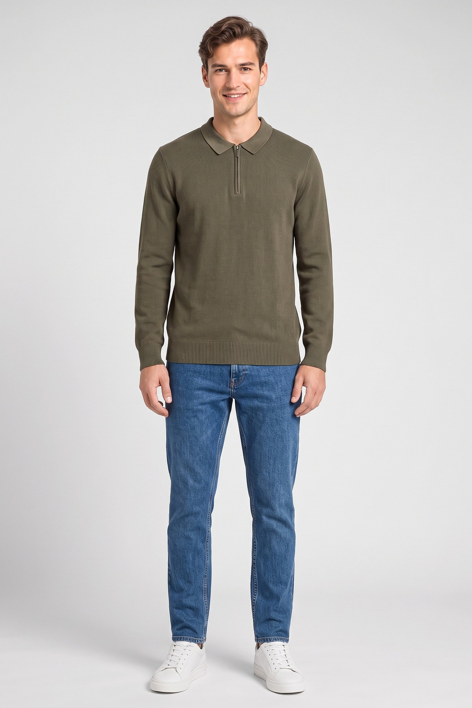 Men Spread Collar Knitted Sweater, Olive