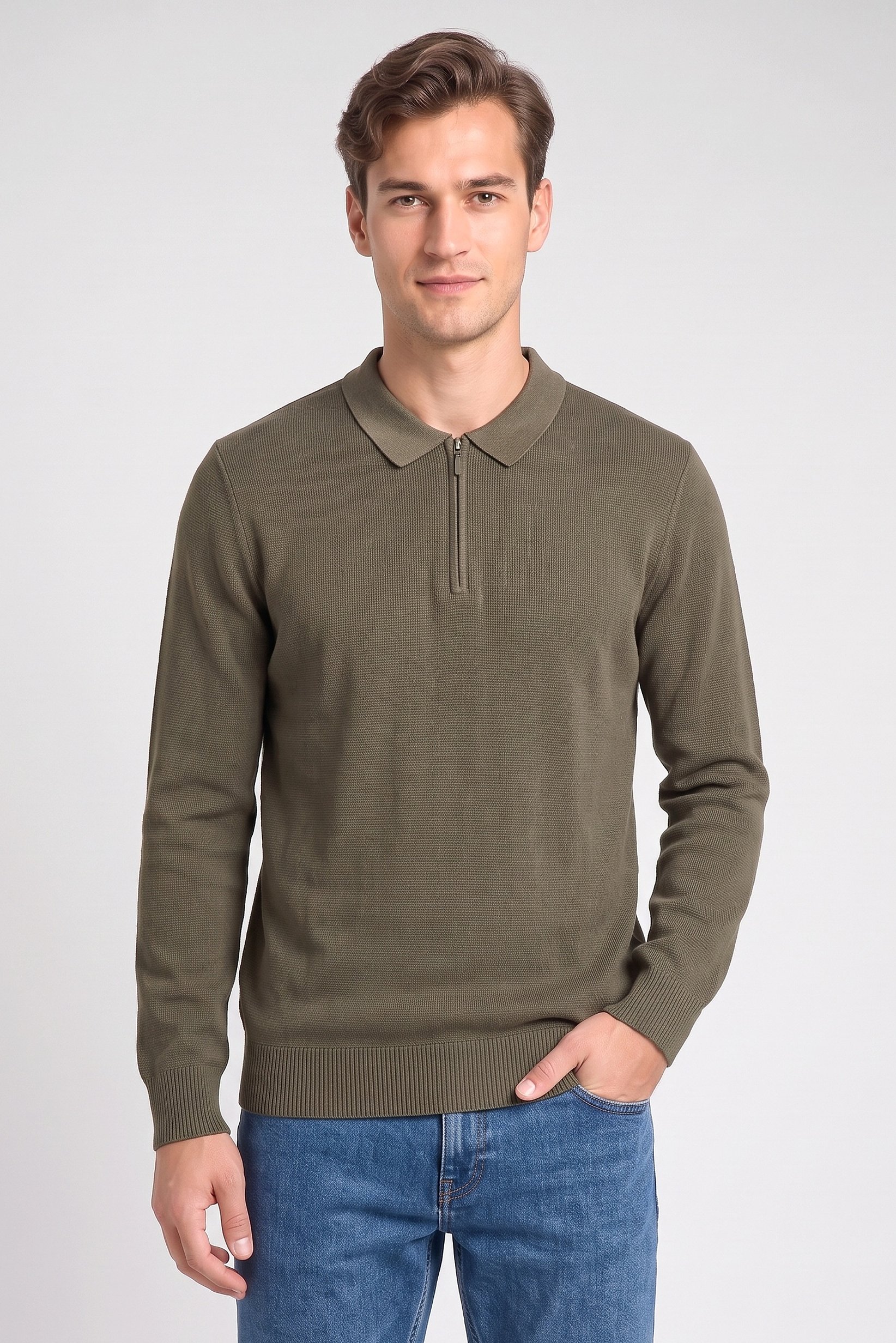 Men Spread Collar Knitted Sweater, Olive