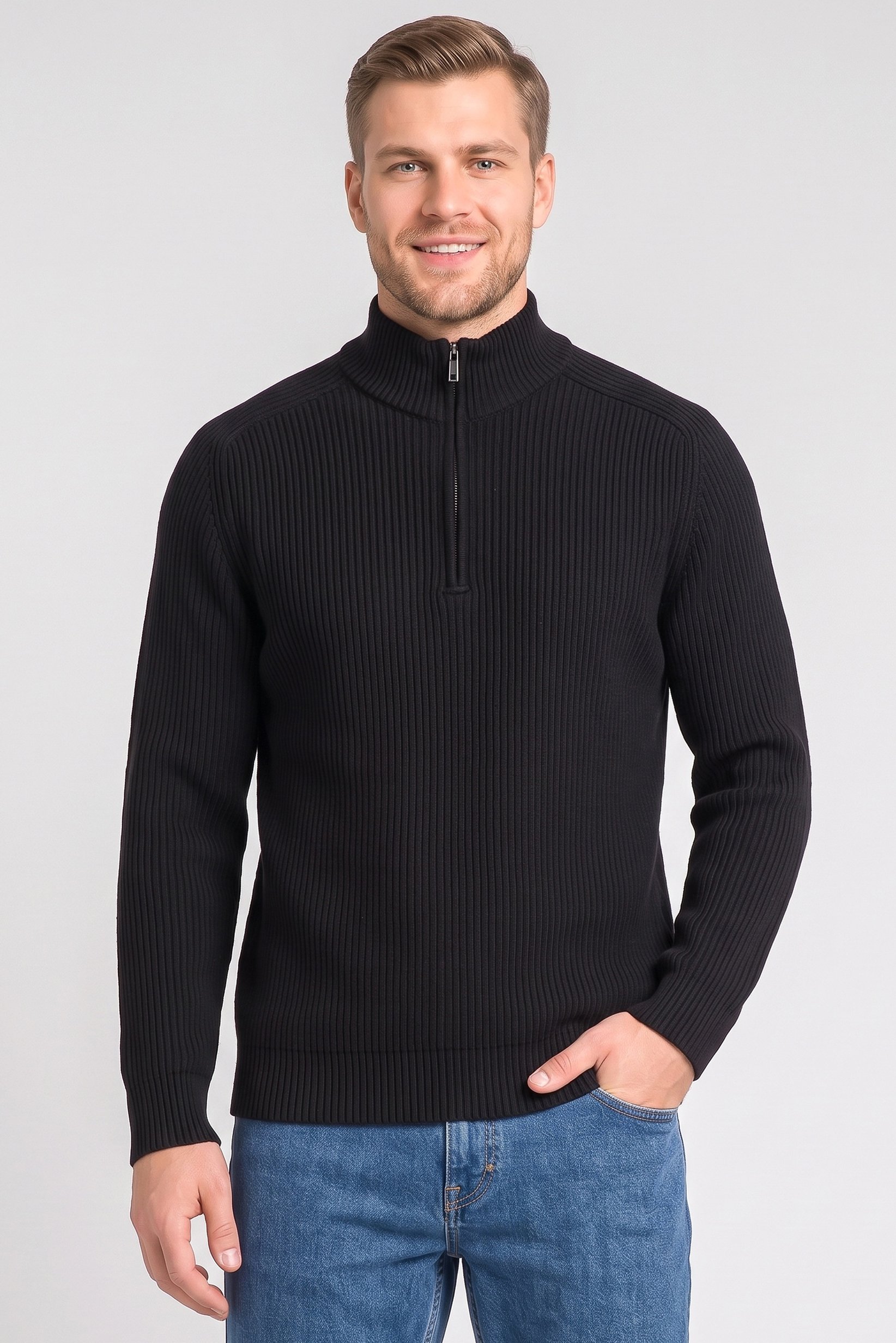 Men Mock Neck Knitted Sweater, Navy