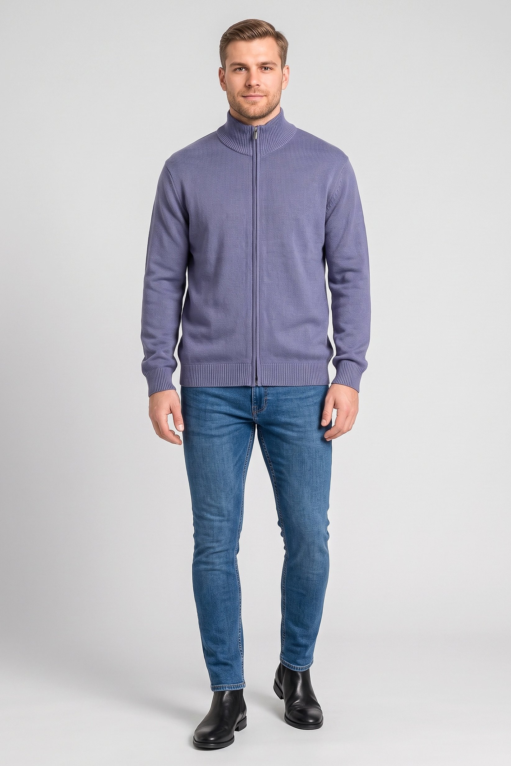 Men Mock Neck Knitted Cardigan, Dusty Blue