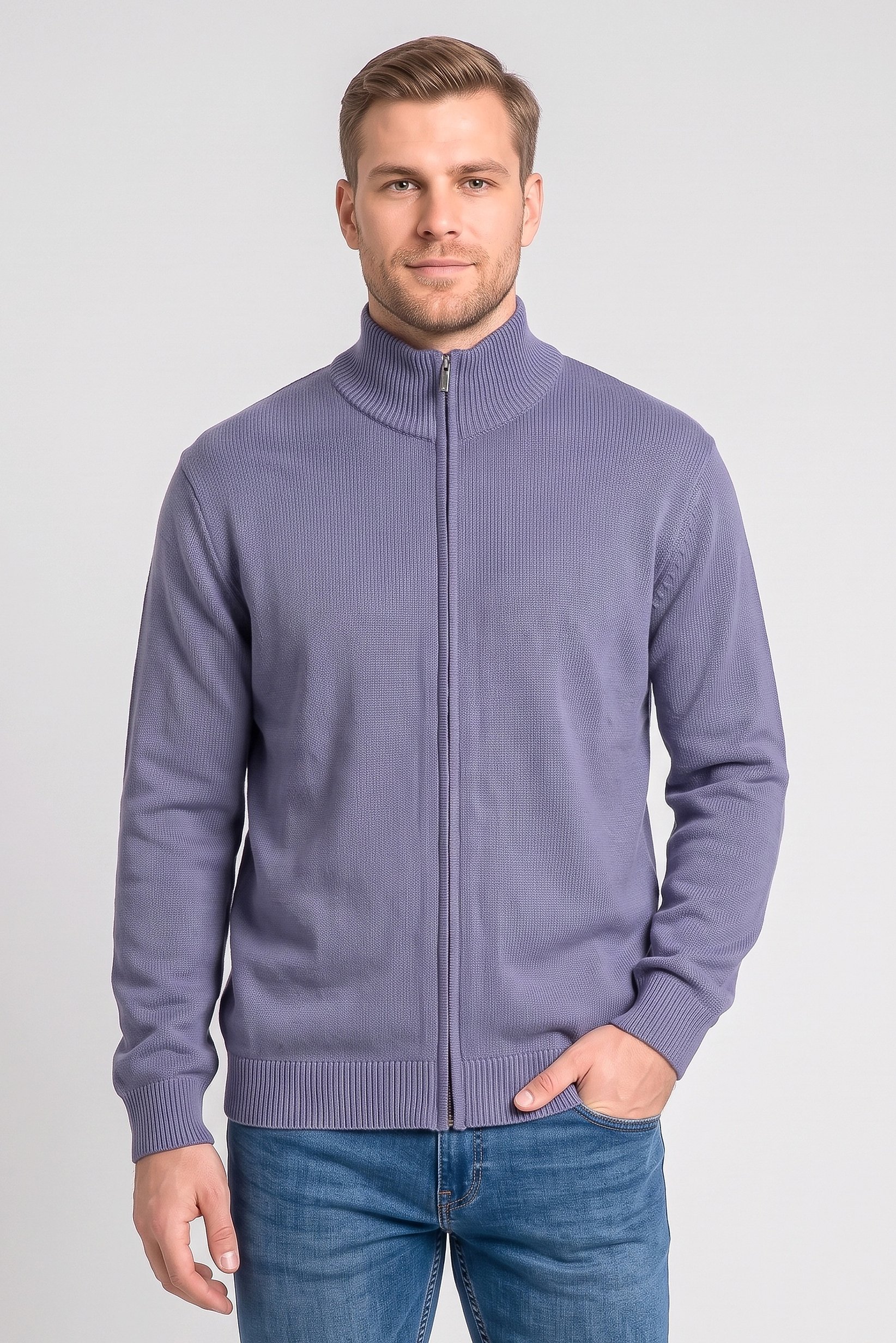 Men Mock Neck Knitted Cardigan, Dusty Blue