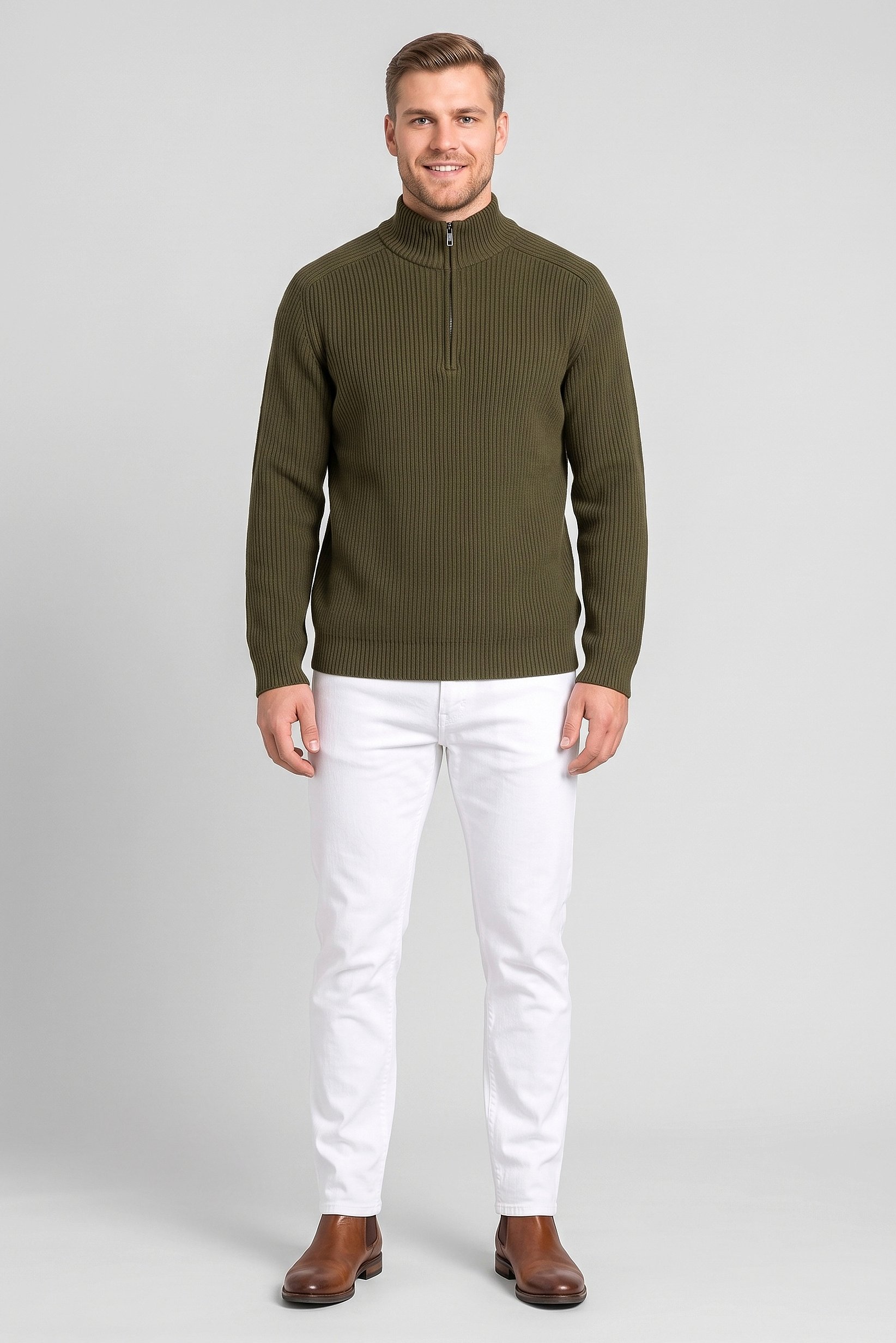 Men Mock Neck Textured Sweater, Dark Green