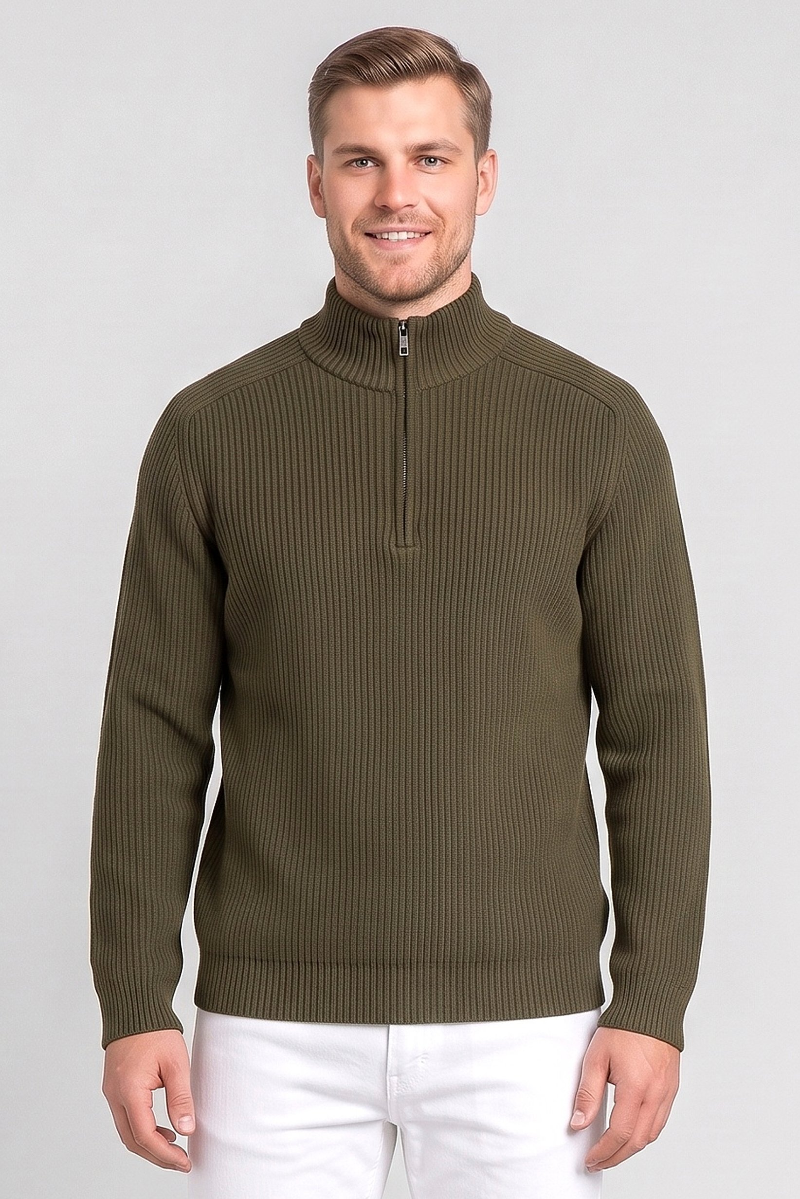 Men Mock Neck Textured Sweater, Dark Green