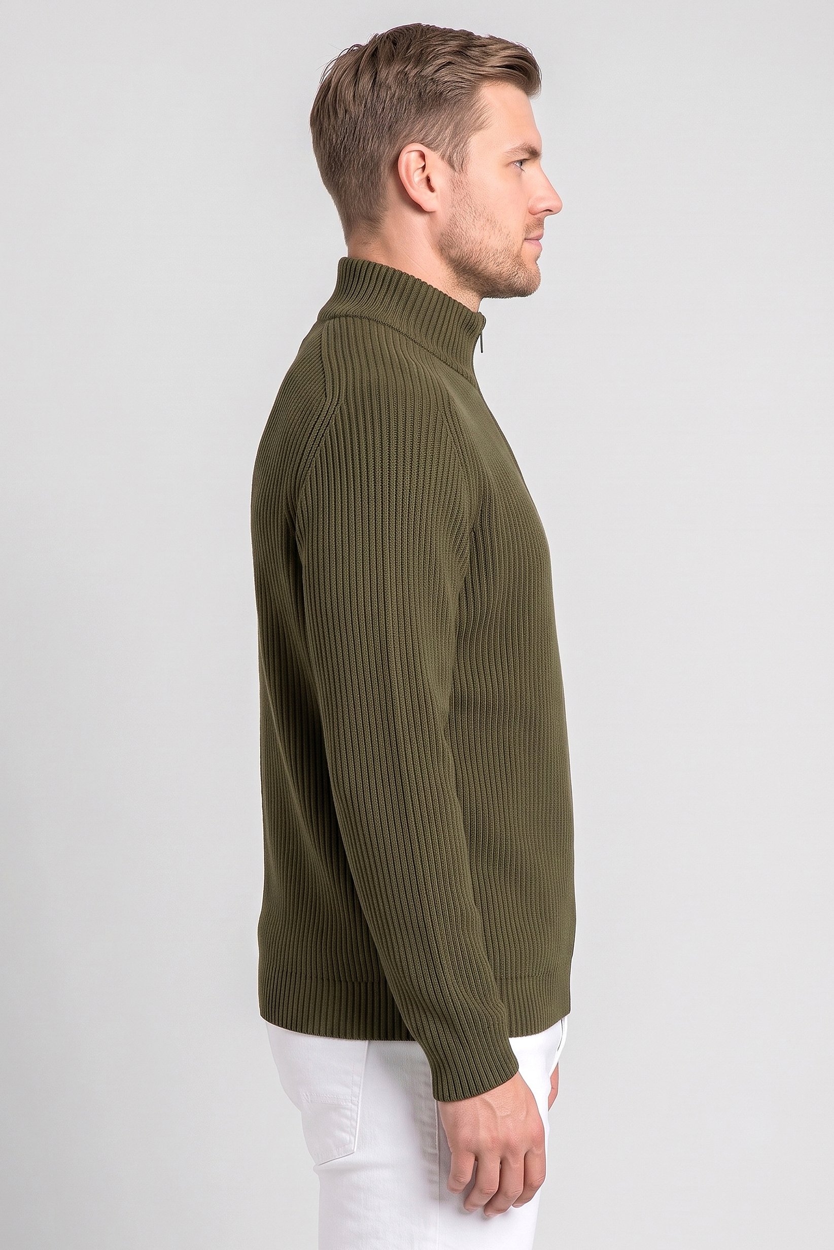 Men Mock Neck Textured Sweater, Dark Green