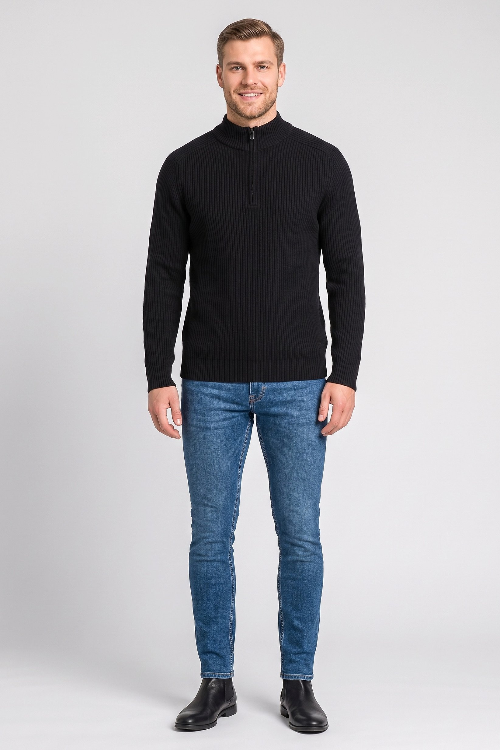 Men Mock Neck Textured Sweater, Black