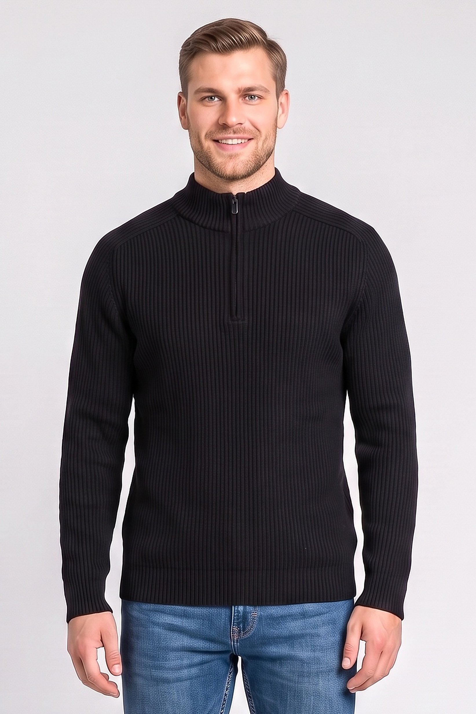 Men Mock Neck Textured Sweater, Black