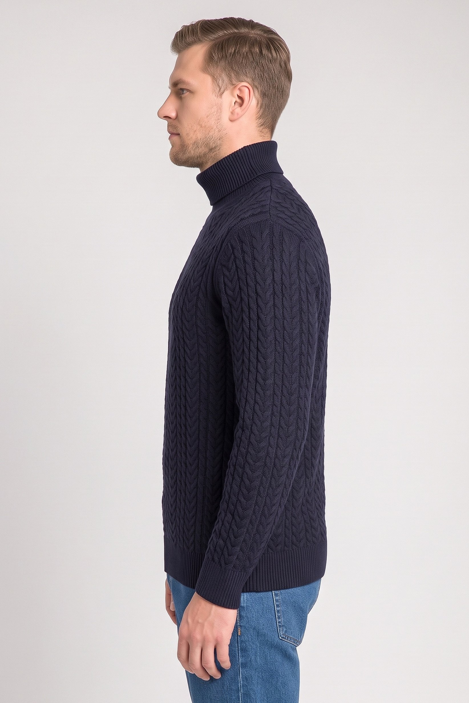 Men Turtle Neck Textured Sweater, Deep Navy