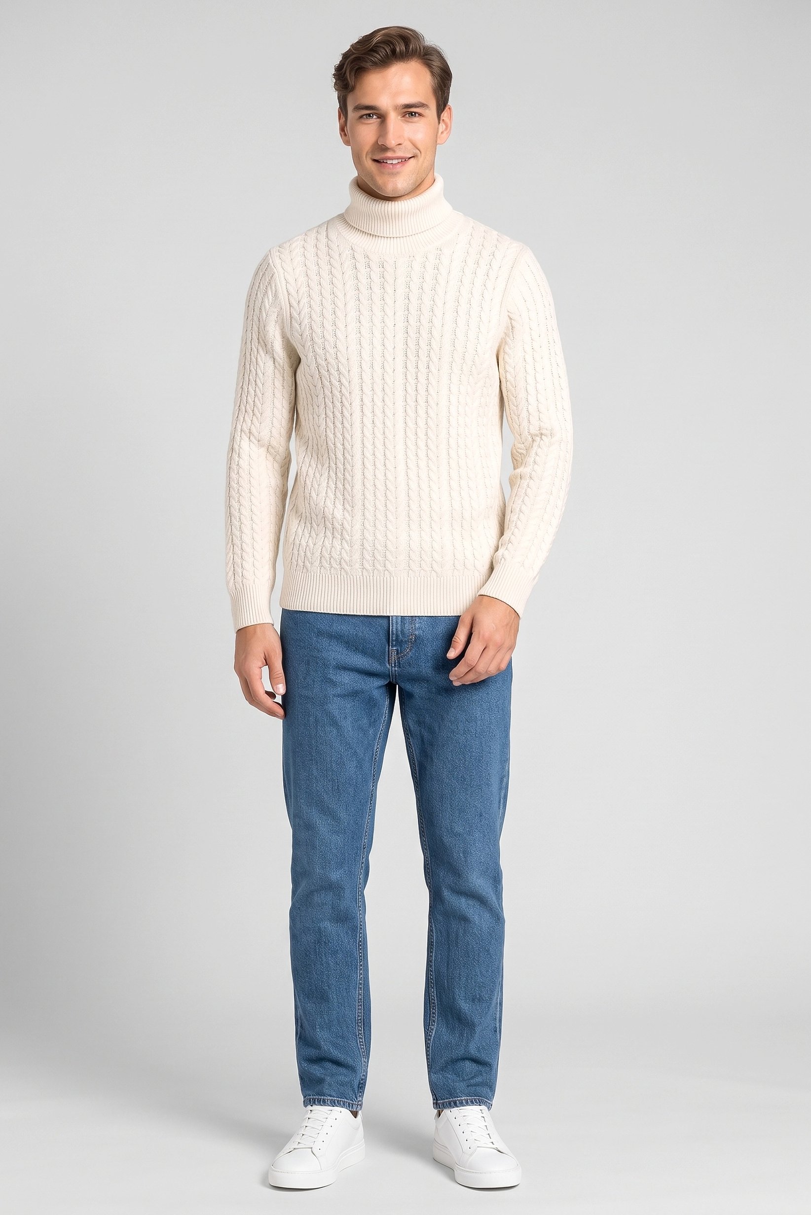 Men High Neck Cable Knitted Sweater, Cream