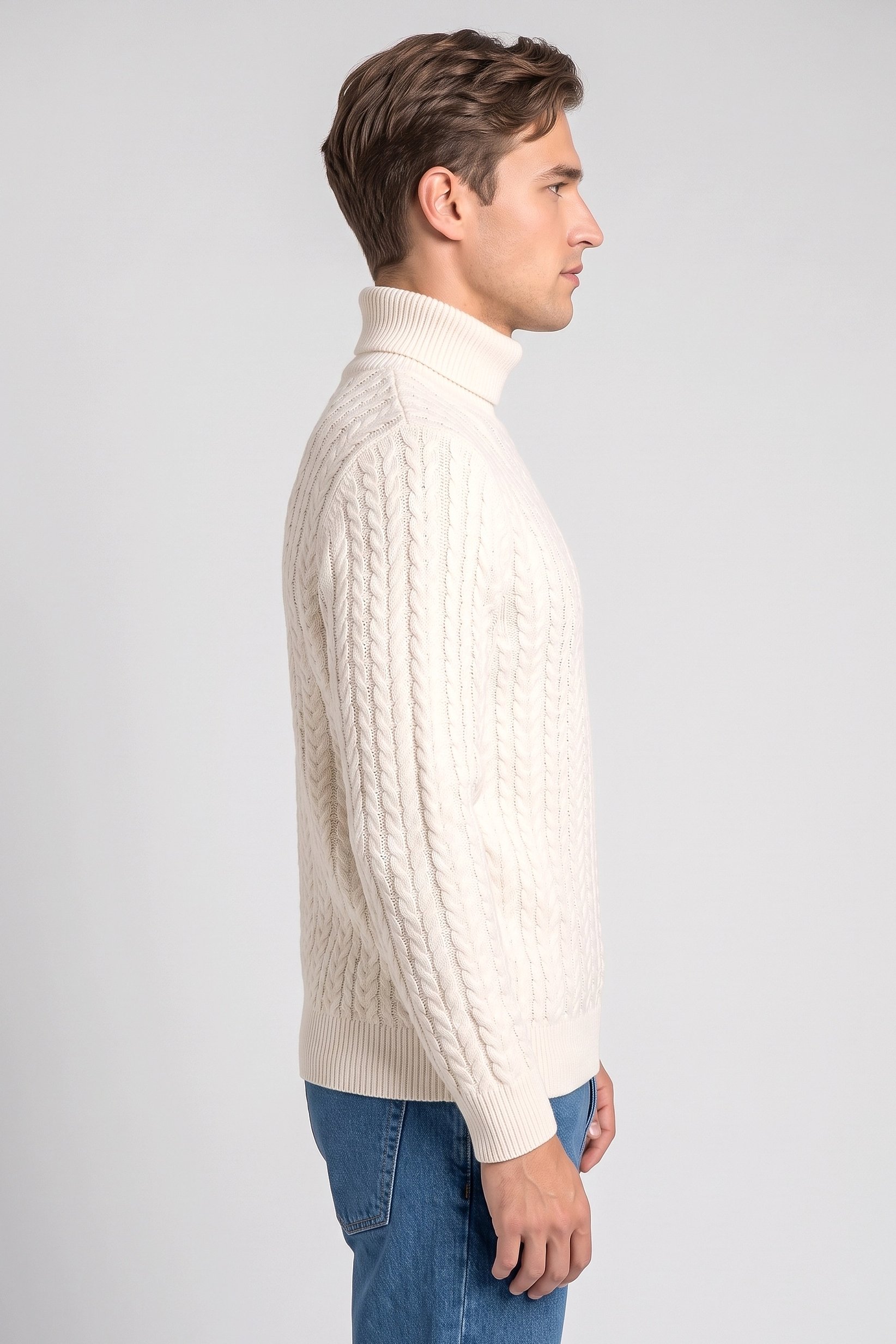 Men High Neck Cable Knitted Sweater, Cream