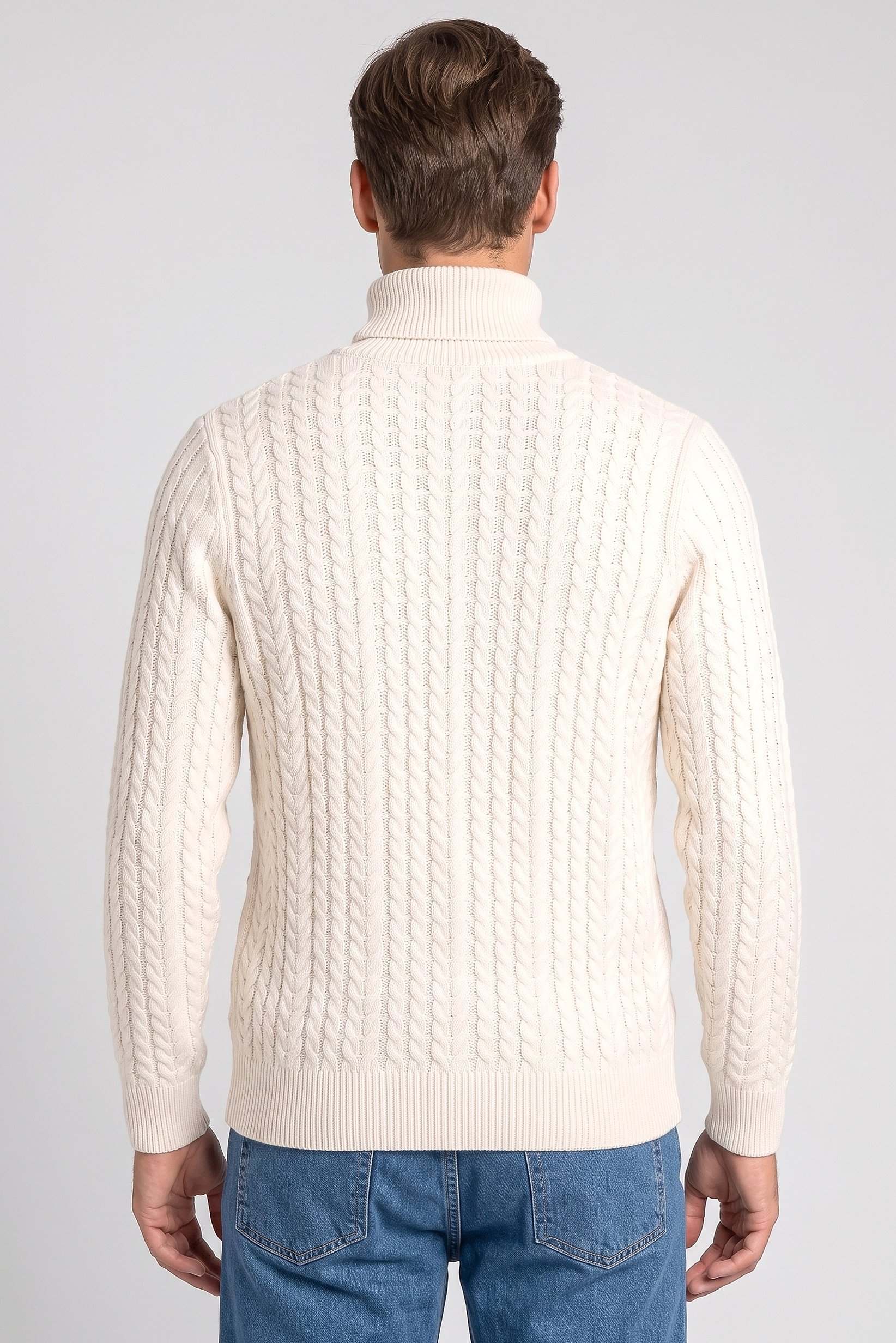Men High Neck Cable Knitted Sweater, Cream